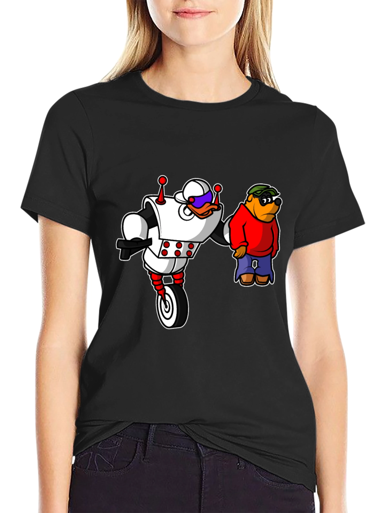 Robot Duck and Cartoon Bear Graphic T-Shirt