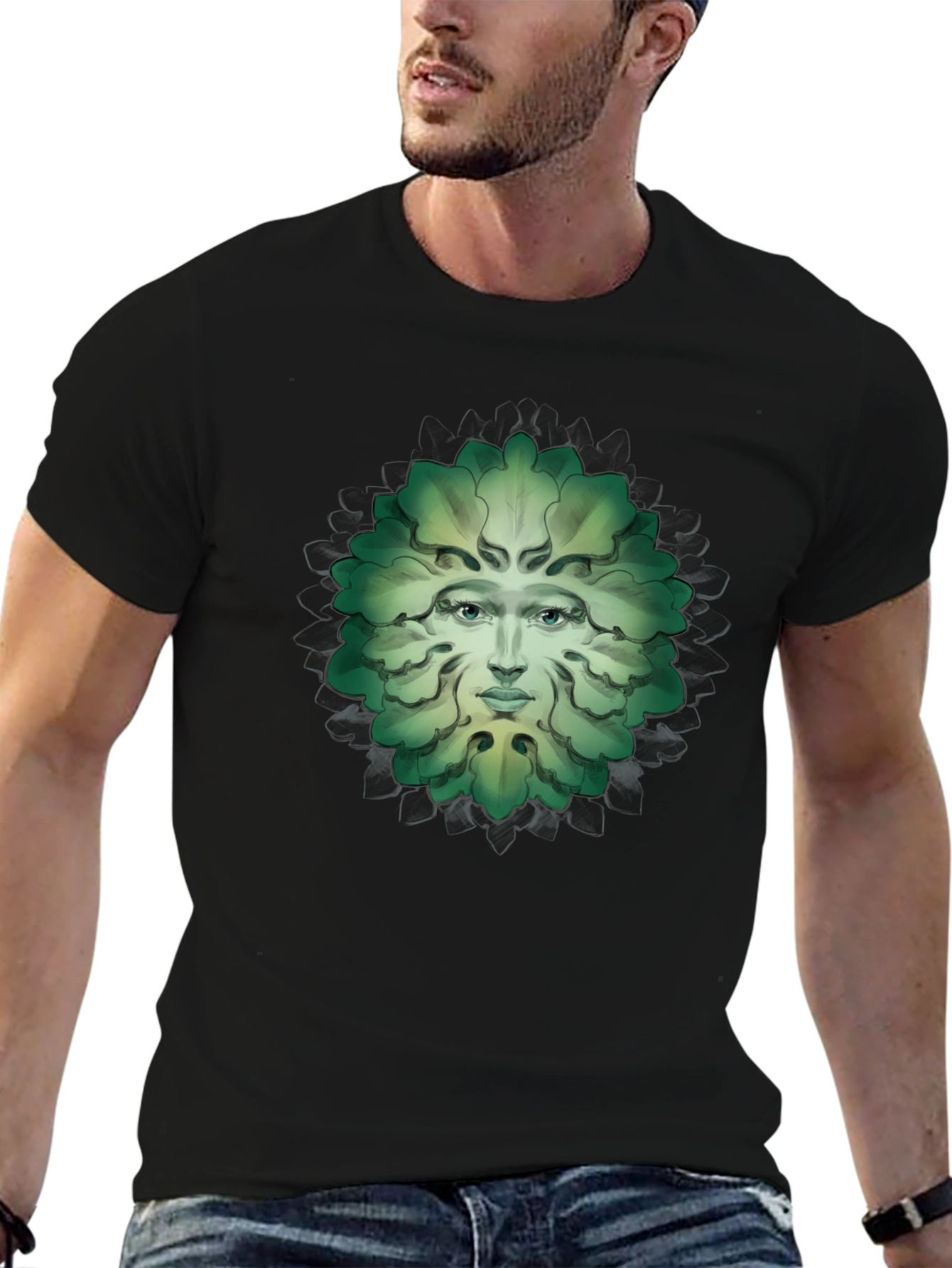 Green Man Face Graphic Tee - Nature Inspired T-Shirt