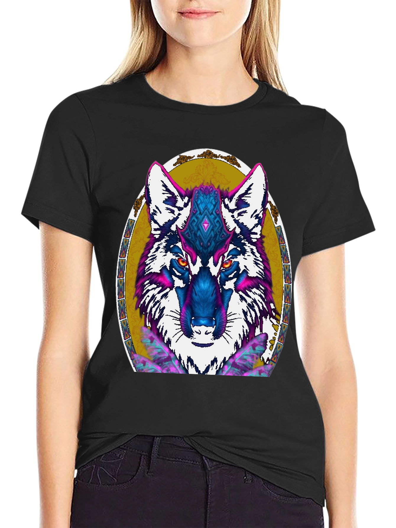 Wolf Graphic Print Tee - Tribal Art Design