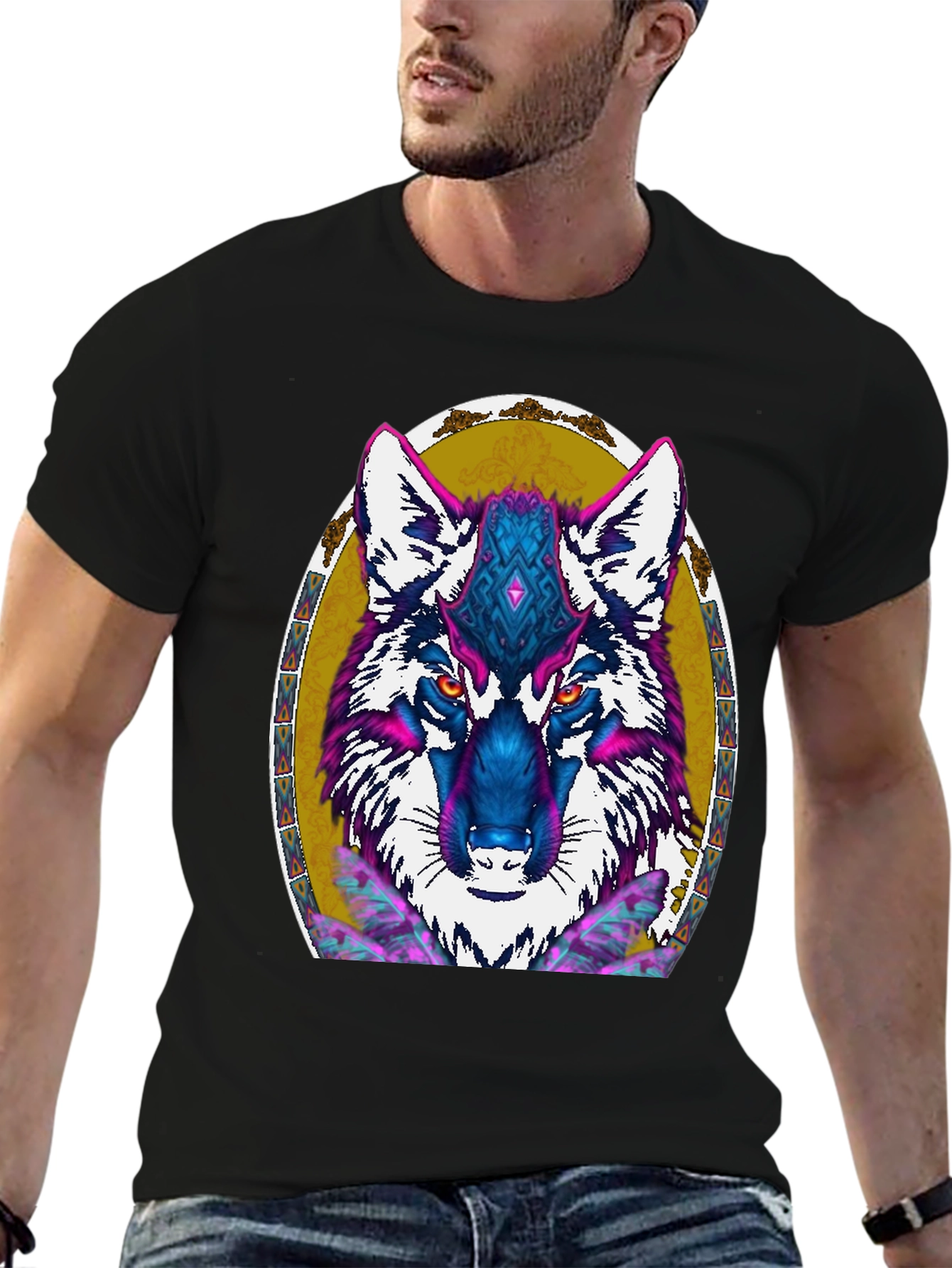 Wolf Graphic Print Tee - Tribal Art Design
