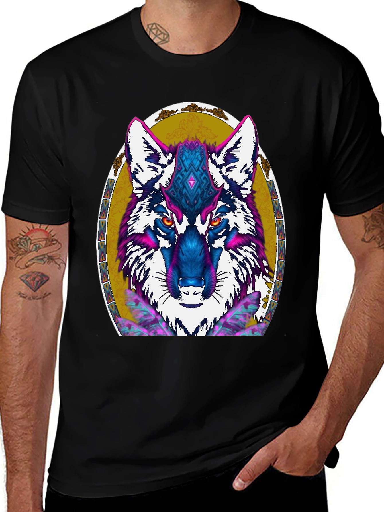 Wolf Graphic Print Tee - Tribal Art Design