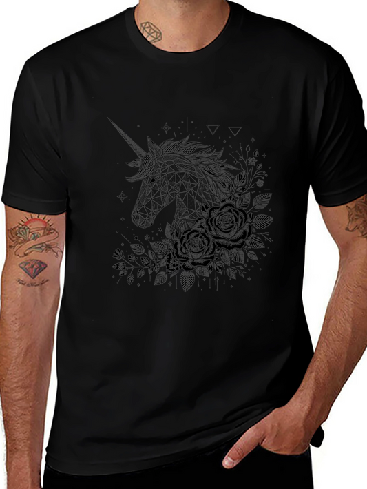 Geometric Unicorn & Roses Graphic Tee - Black