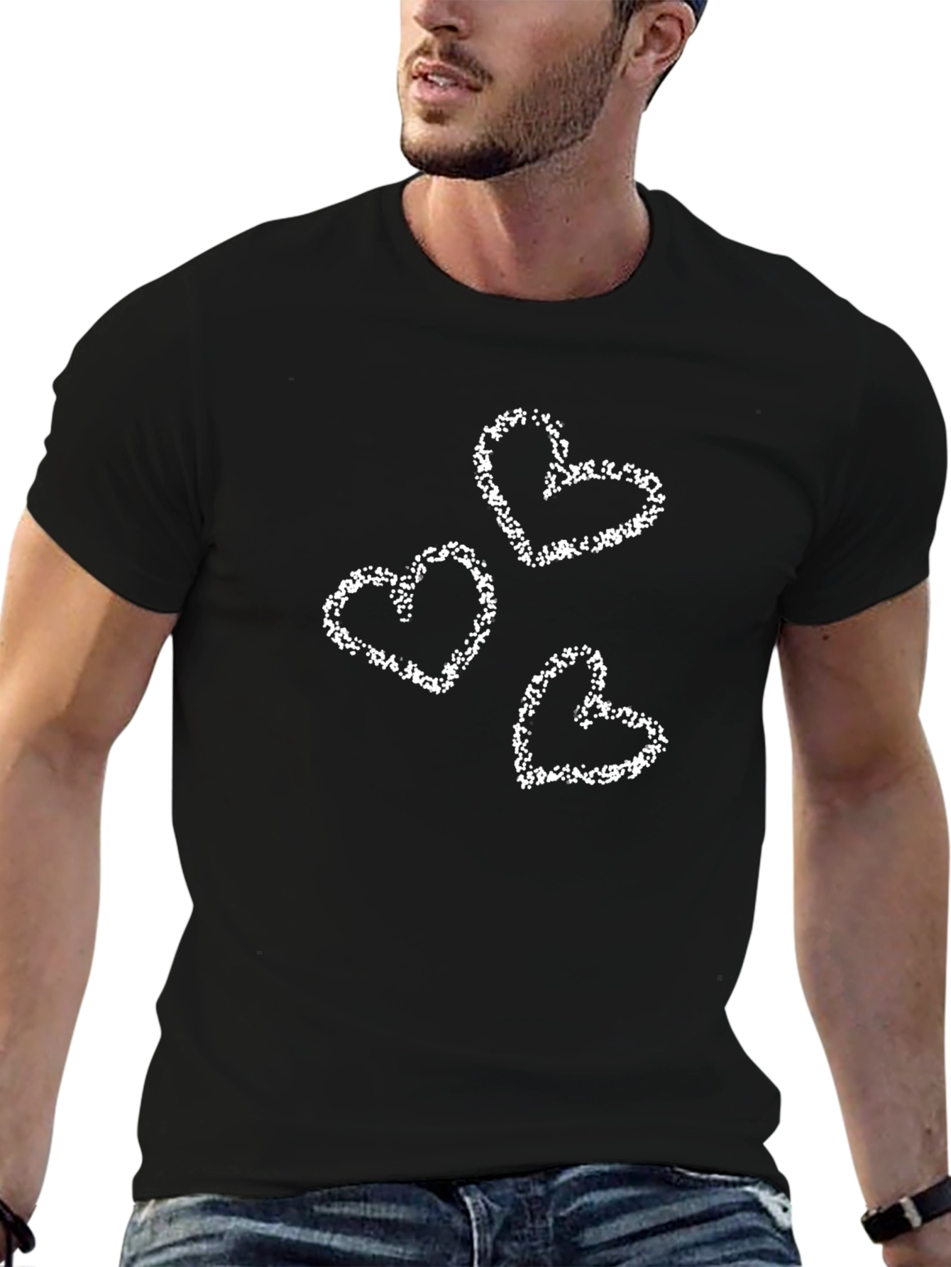Mens Black Tee with White Hearts Print