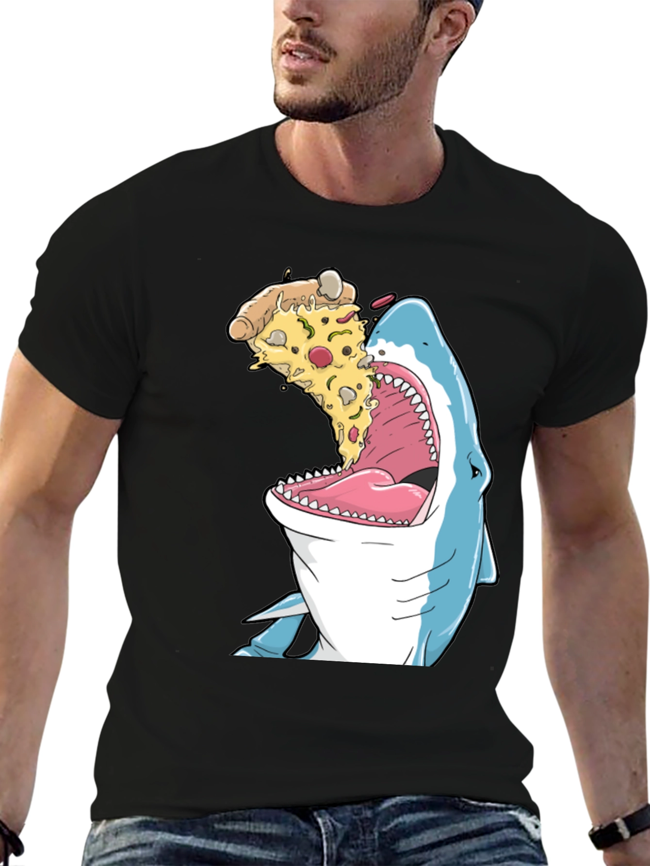 Shark Eating Pizza Funny Graphic T-Shirt