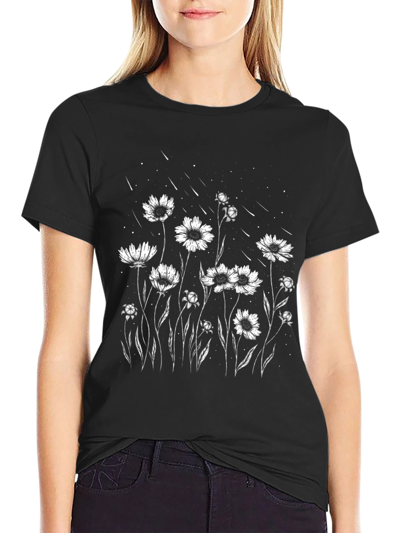Floral Graphic Tee - Black Casual T-Shirt
