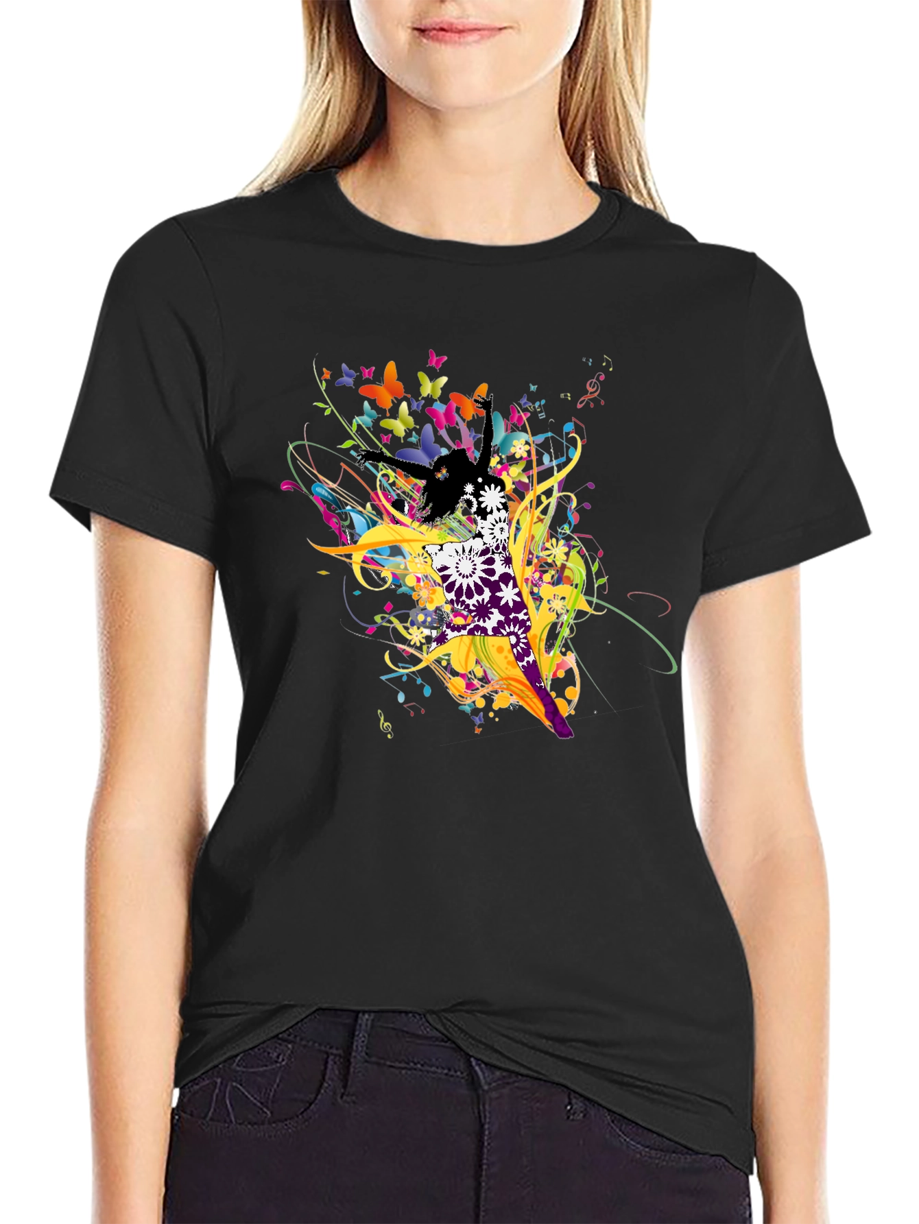 Abstract Butterfly & Dancer Black T-Shirt