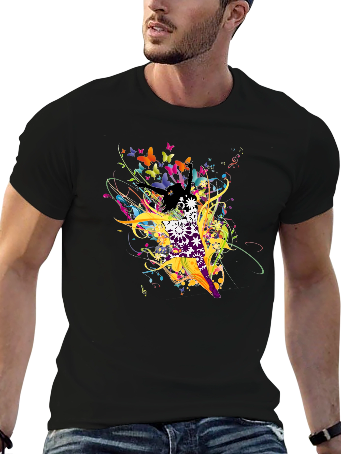 Abstract Butterfly & Dancer Black T-Shirt