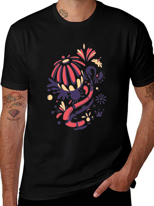 Funky Floral Graphic Tee - Black Cotton Blend