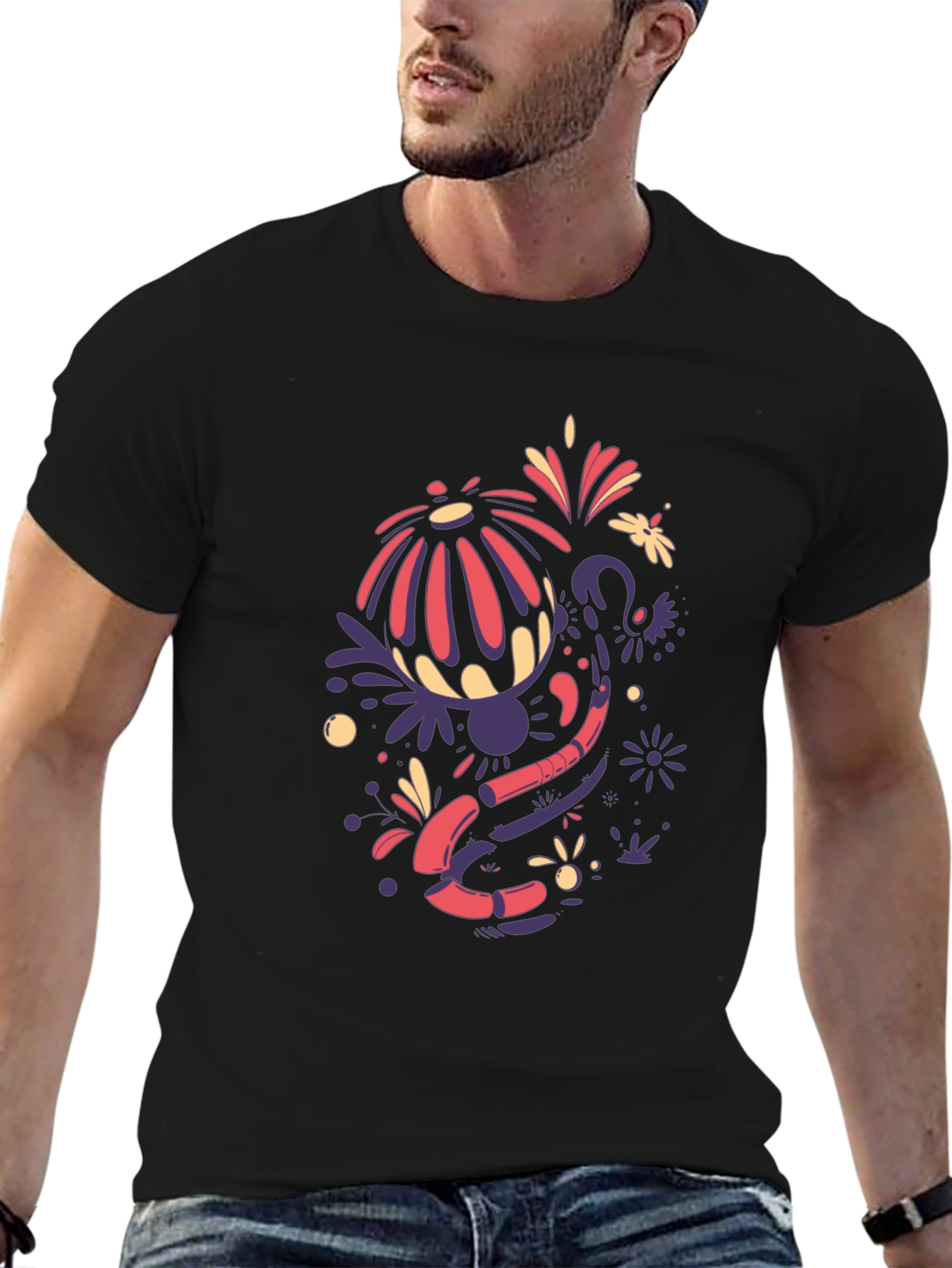Funky Floral Graphic Tee - Black Cotton Blend