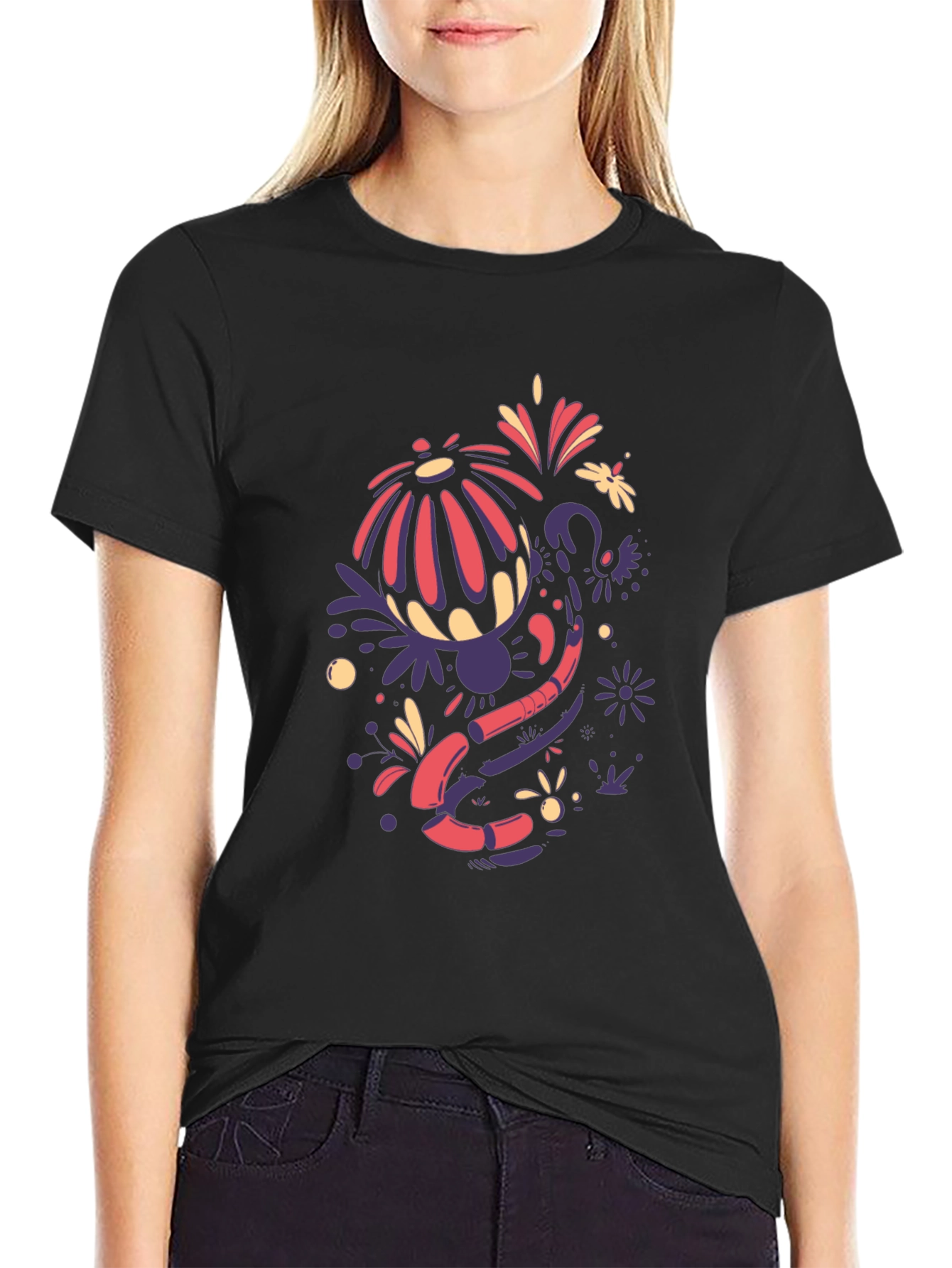 Funky Floral Graphic Tee - Black Cotton Blend