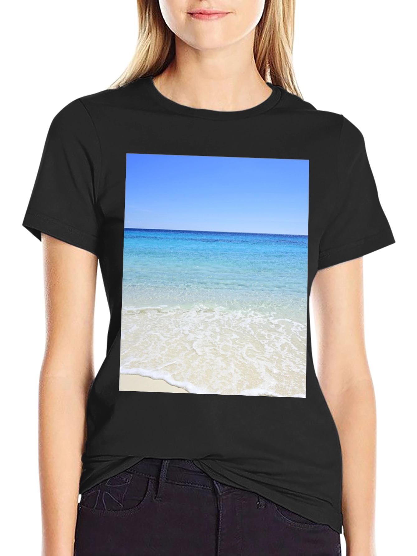 Ocean View Black T-Shirt - Beach Scene