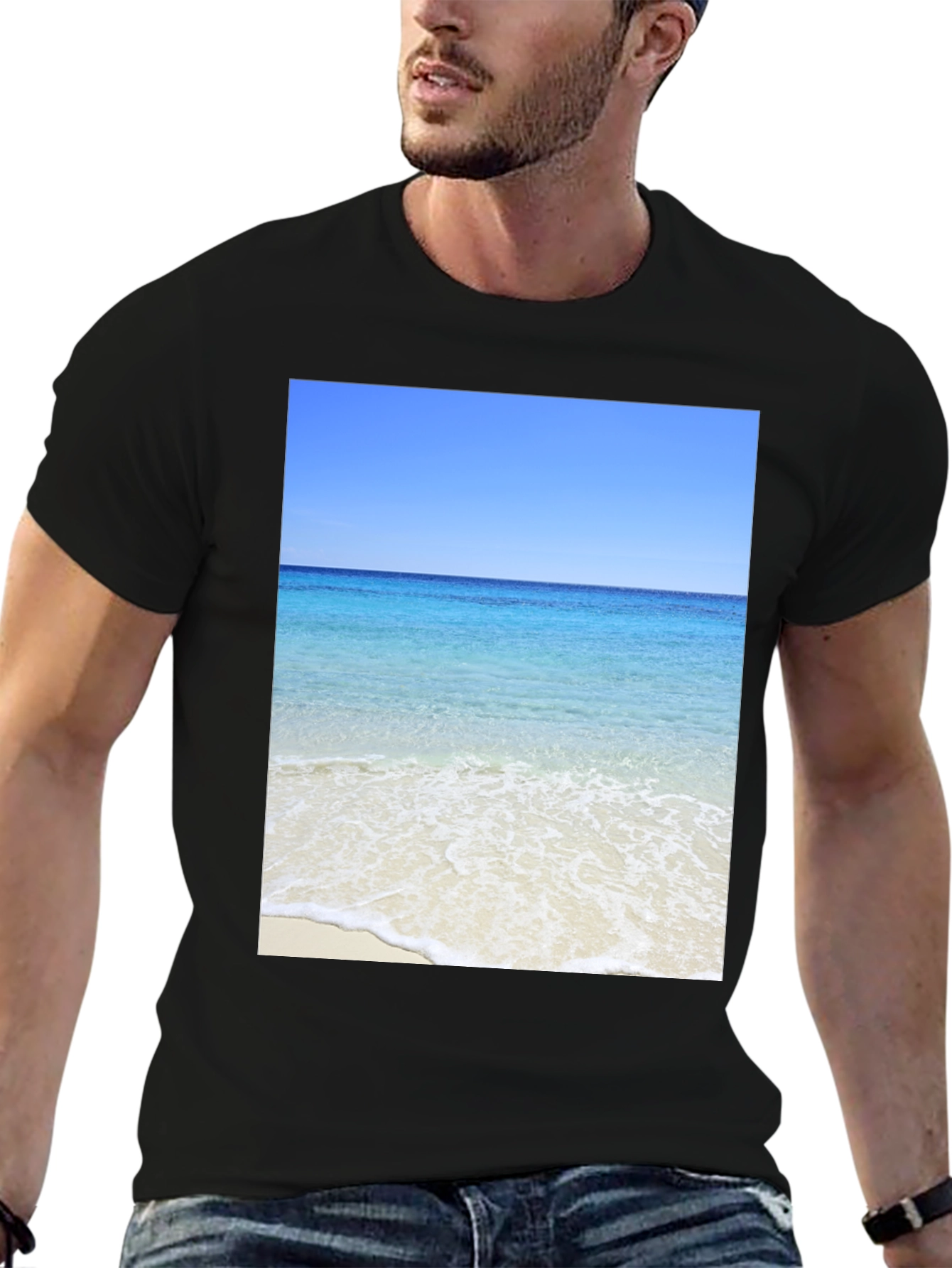 Ocean View Black T-Shirt - Beach Scene
