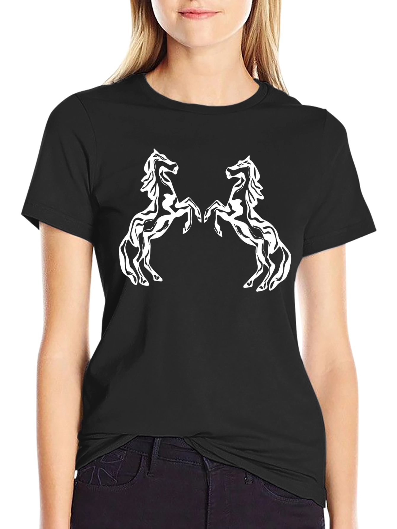 Black T-Shirt with White Horse Design