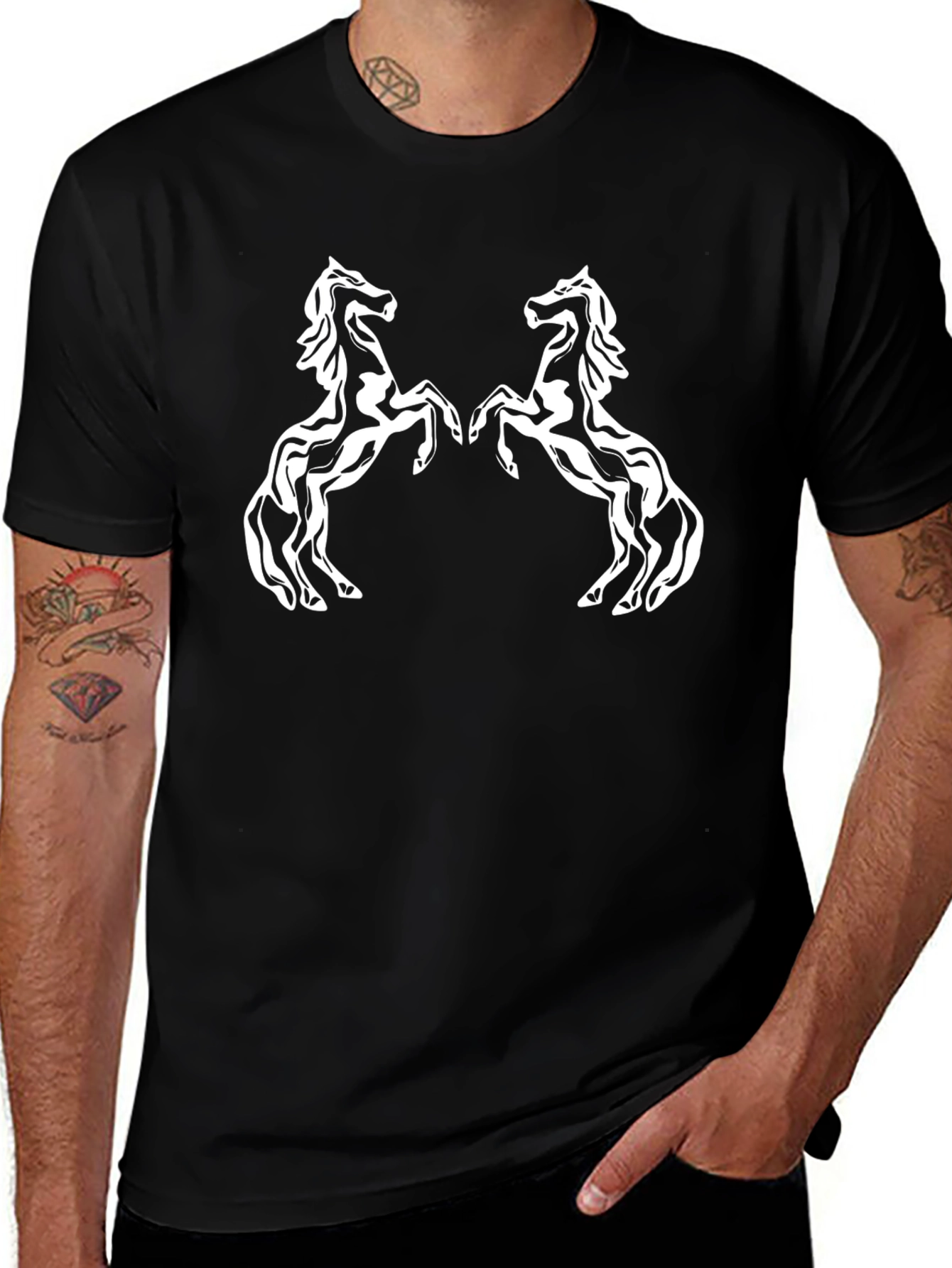 Black T-Shirt with White Horse Design