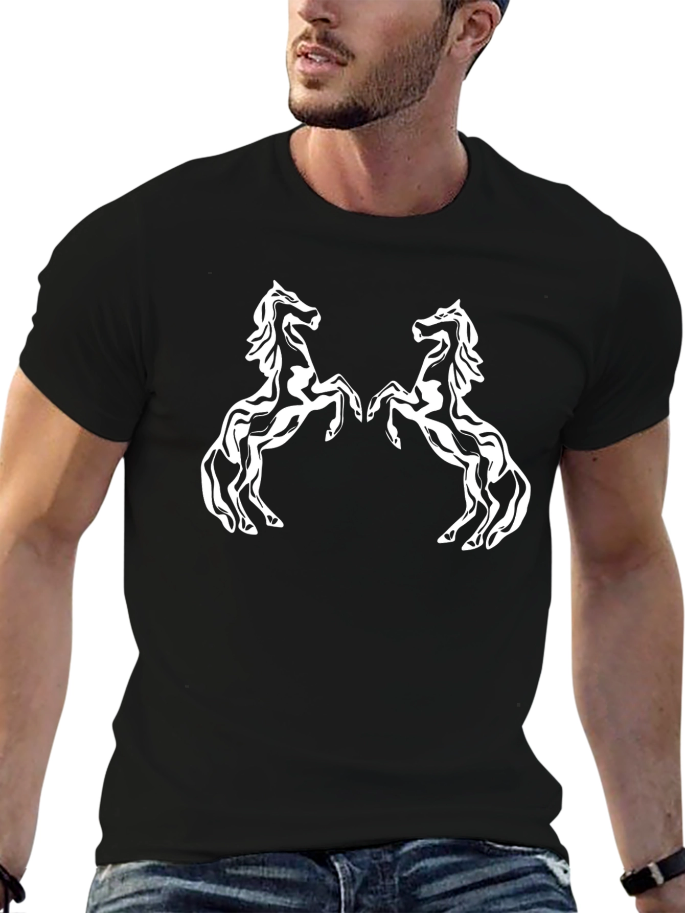 Black T-Shirt with White Horse Design