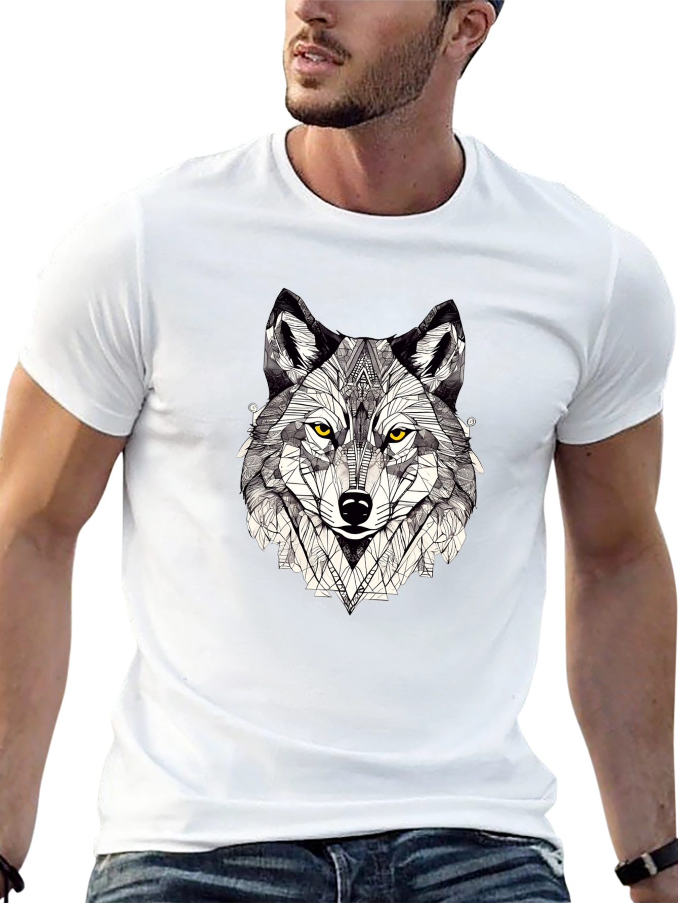 Geometric Wolf Graphic Print Black T-Shirt