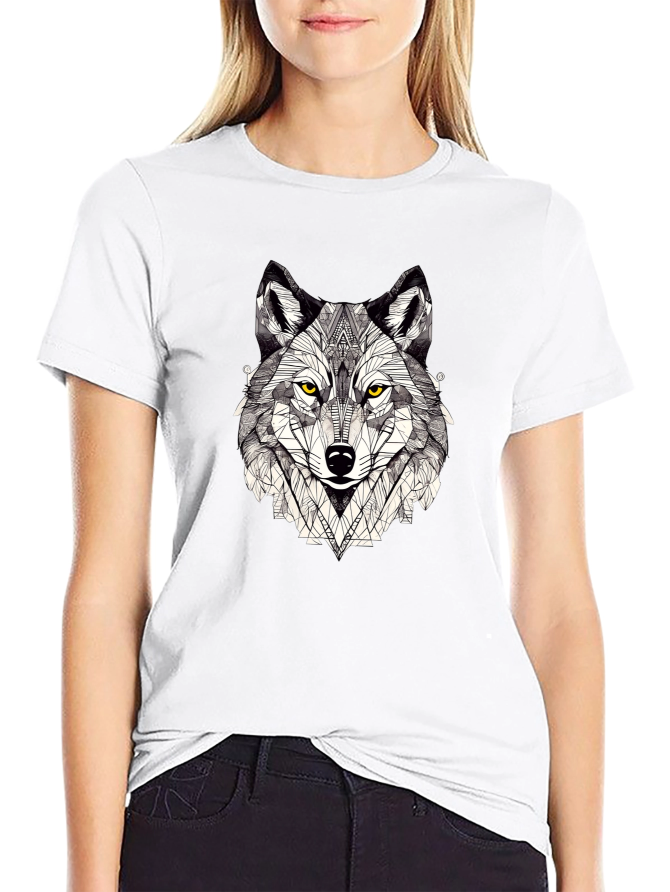 Geometric Wolf Graphic Print Black T-Shirt
