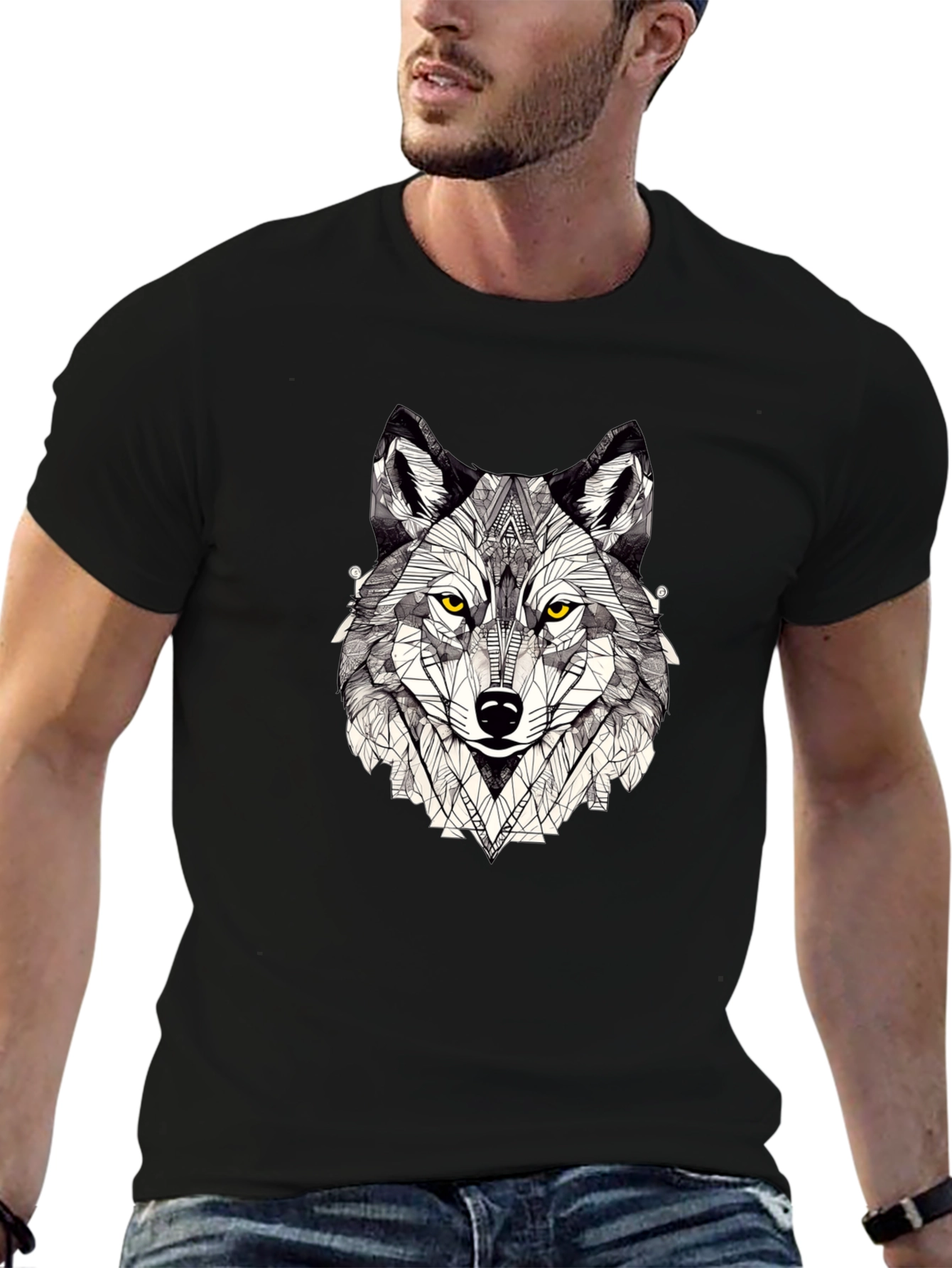 Geometric Wolf Graphic Print Black T-Shirt