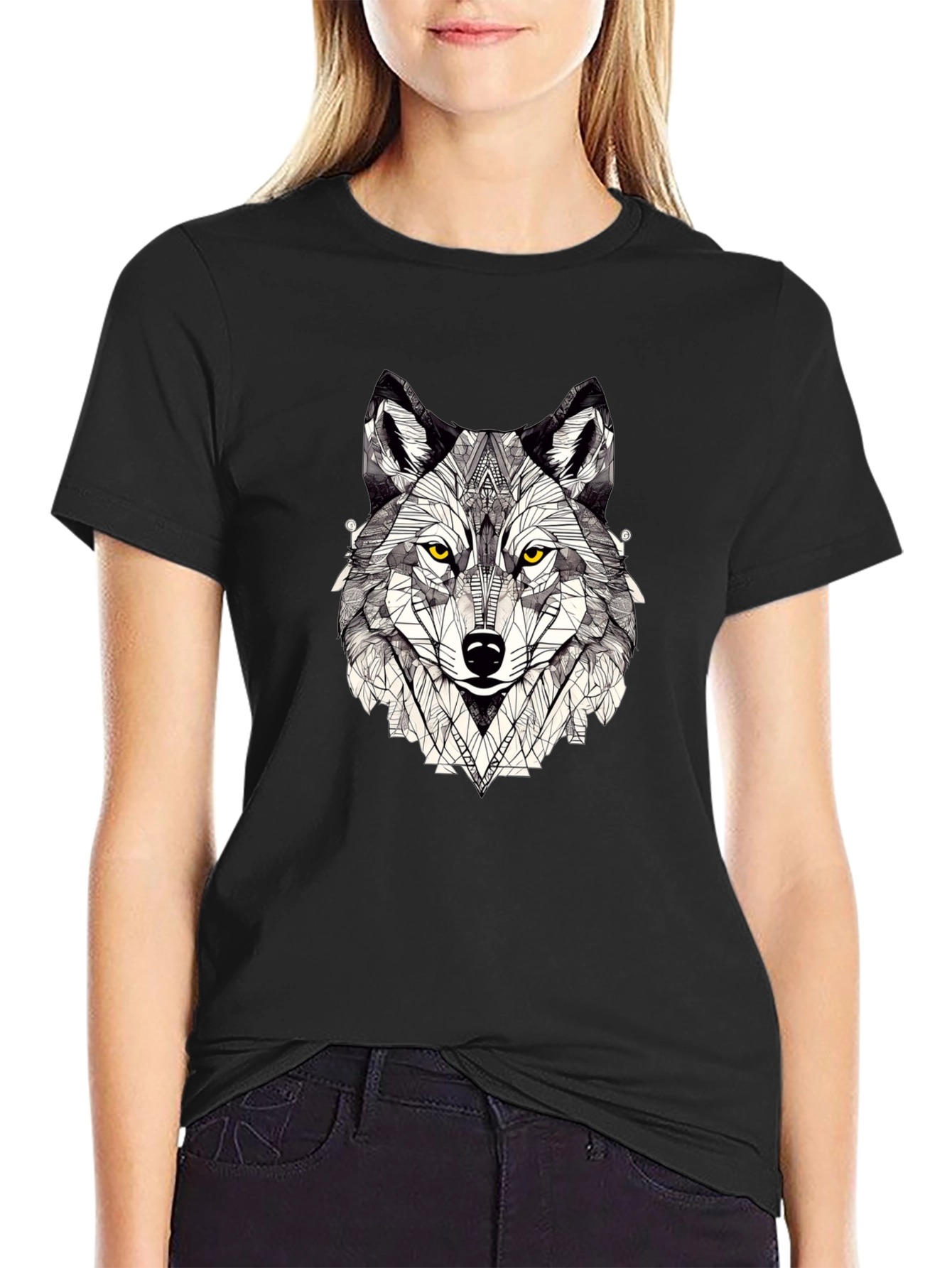 Geometric Wolf Graphic Print Black T-Shirt