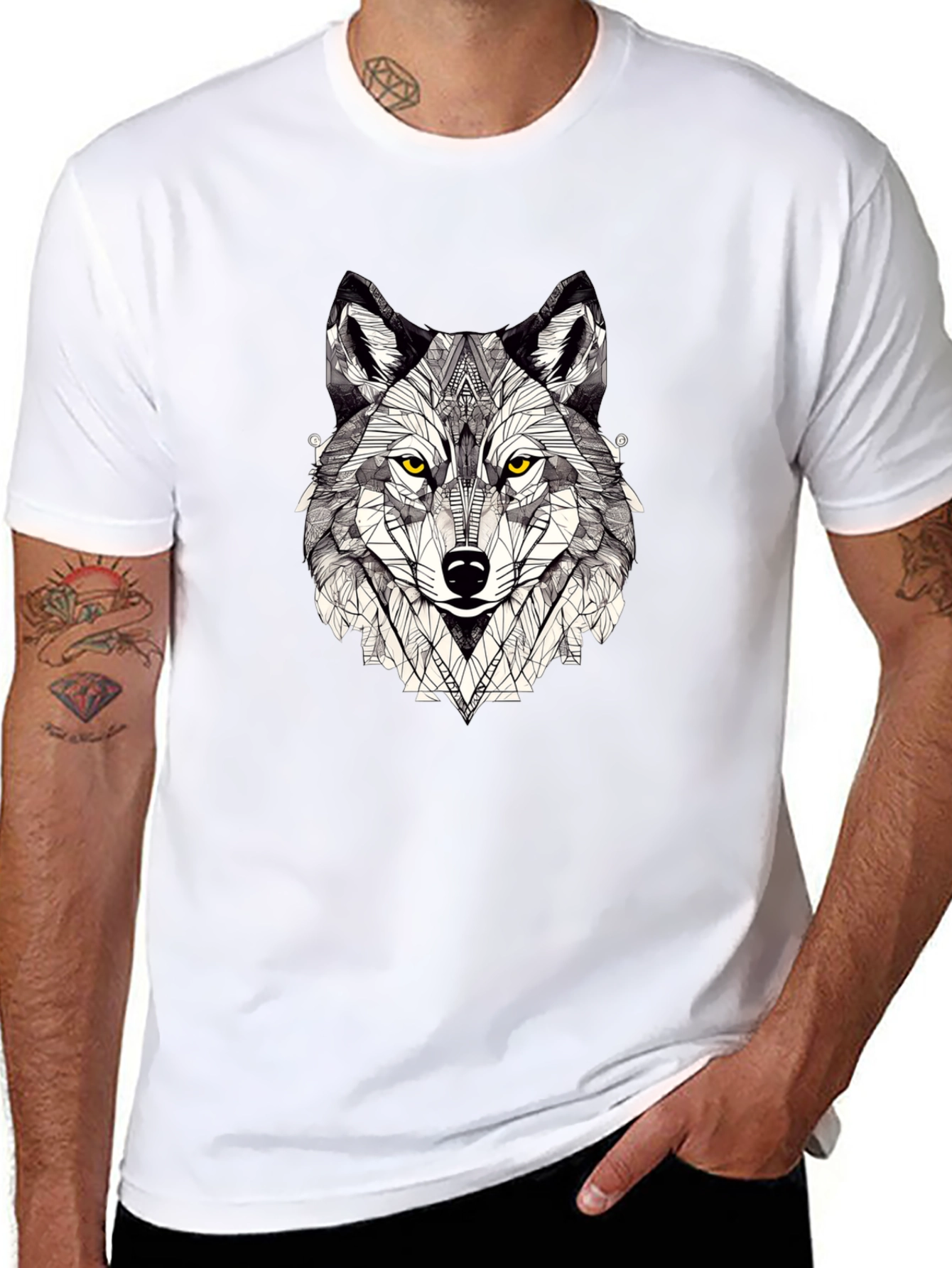Geometric Wolf Graphic Print Black T-Shirt
