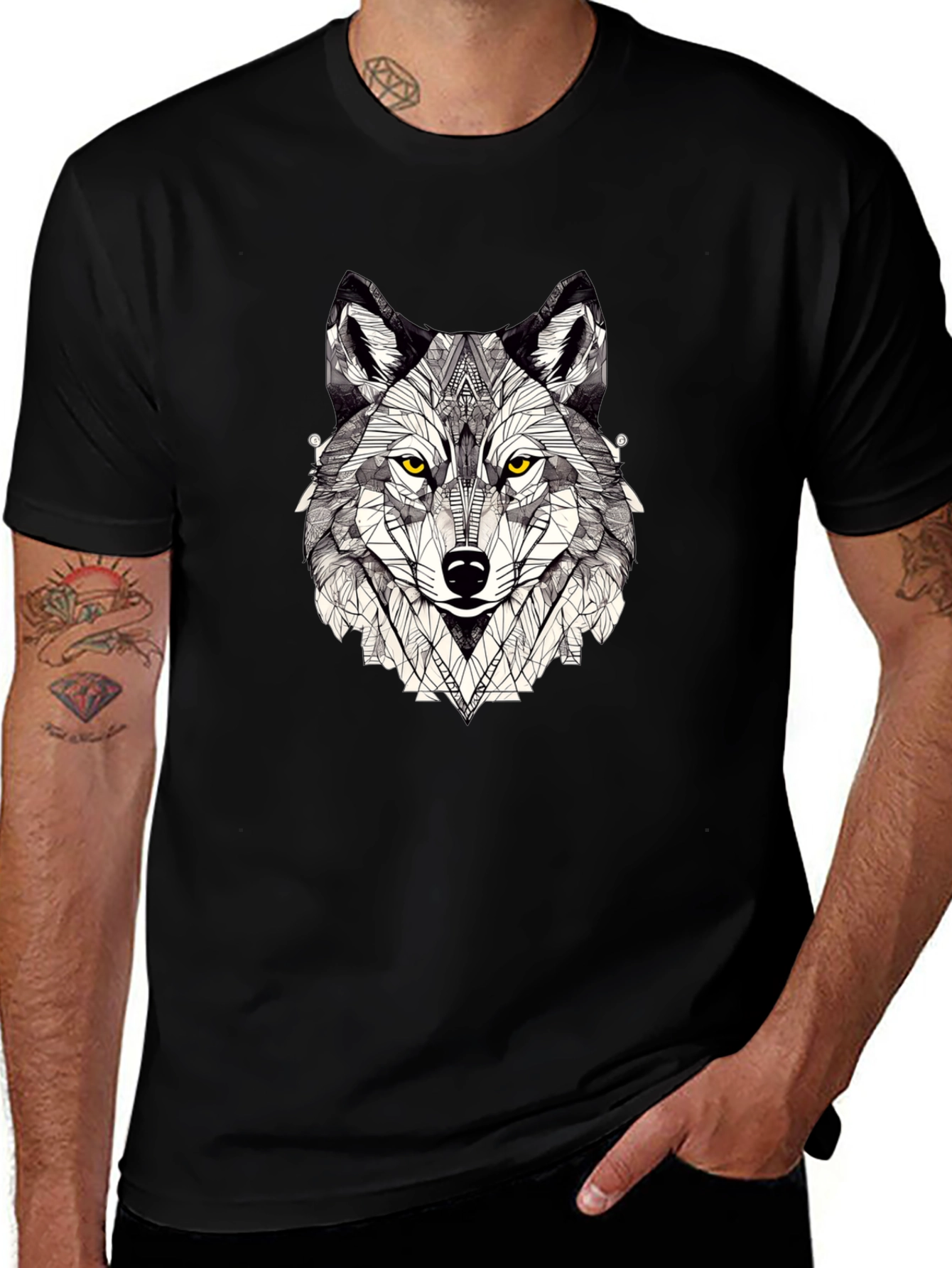 Geometric Wolf Graphic Print Black T-Shirt