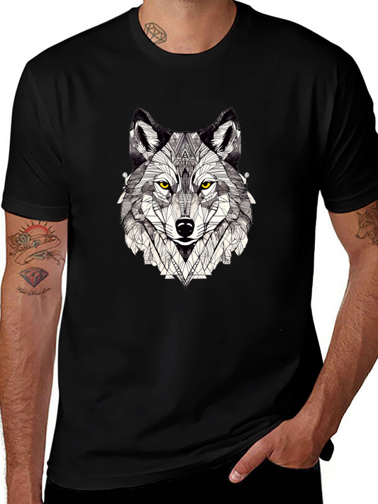 Geometric Wolf Graphic Print Black T-Shirt