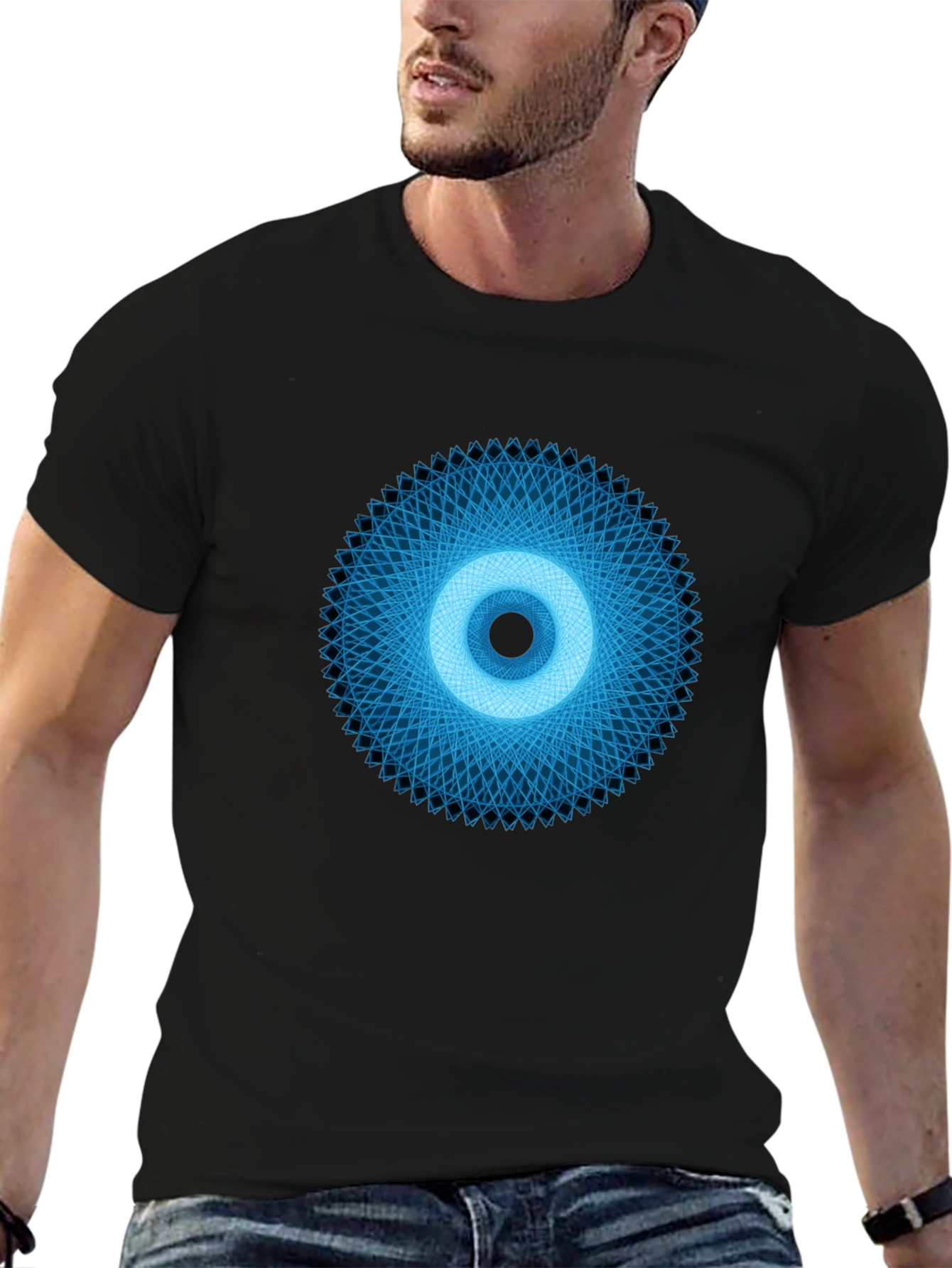Geometric Eye Graphic Tee - Black Crew Neck