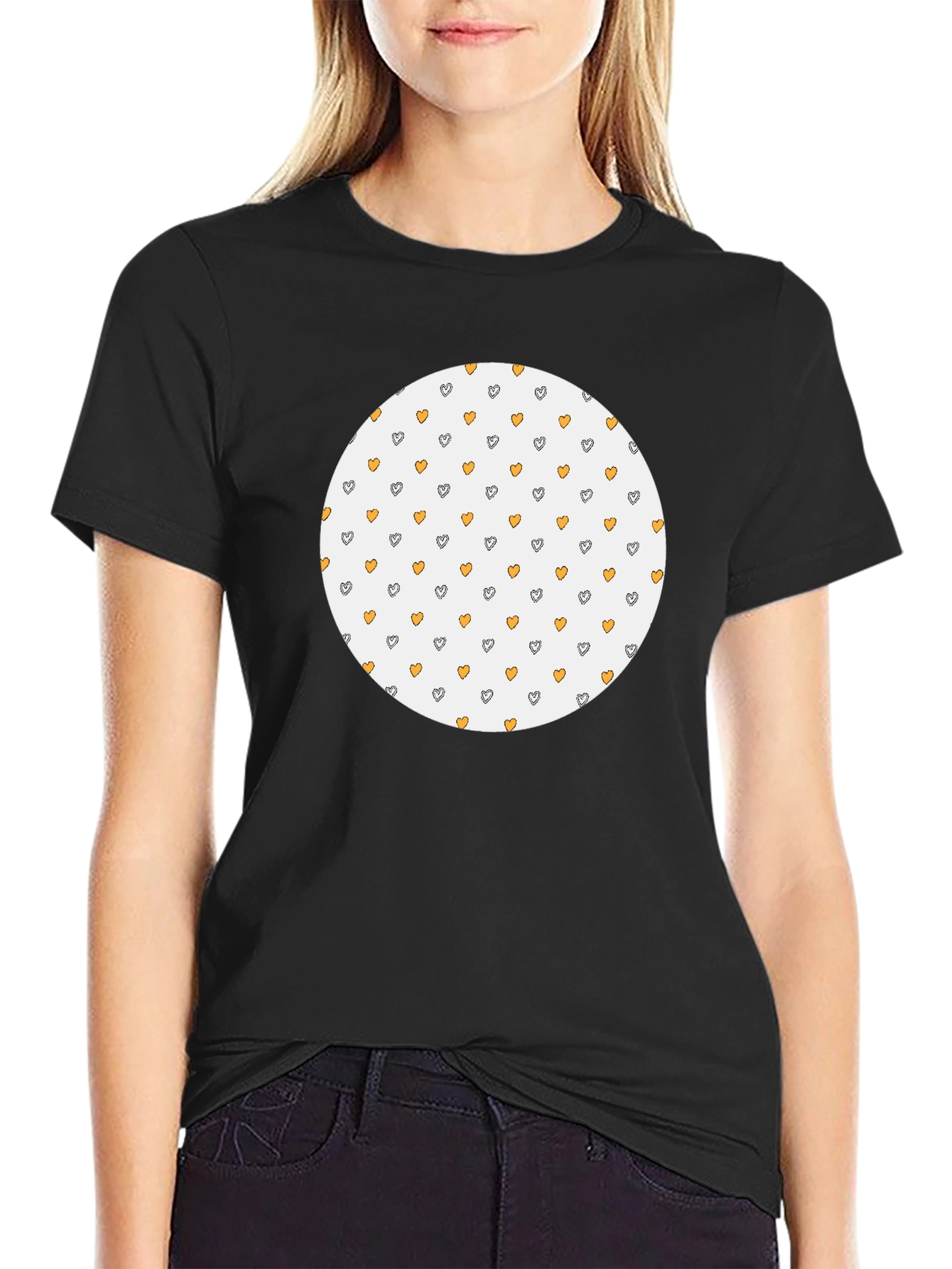 Black T-Shirt with Heart Pattern Circle