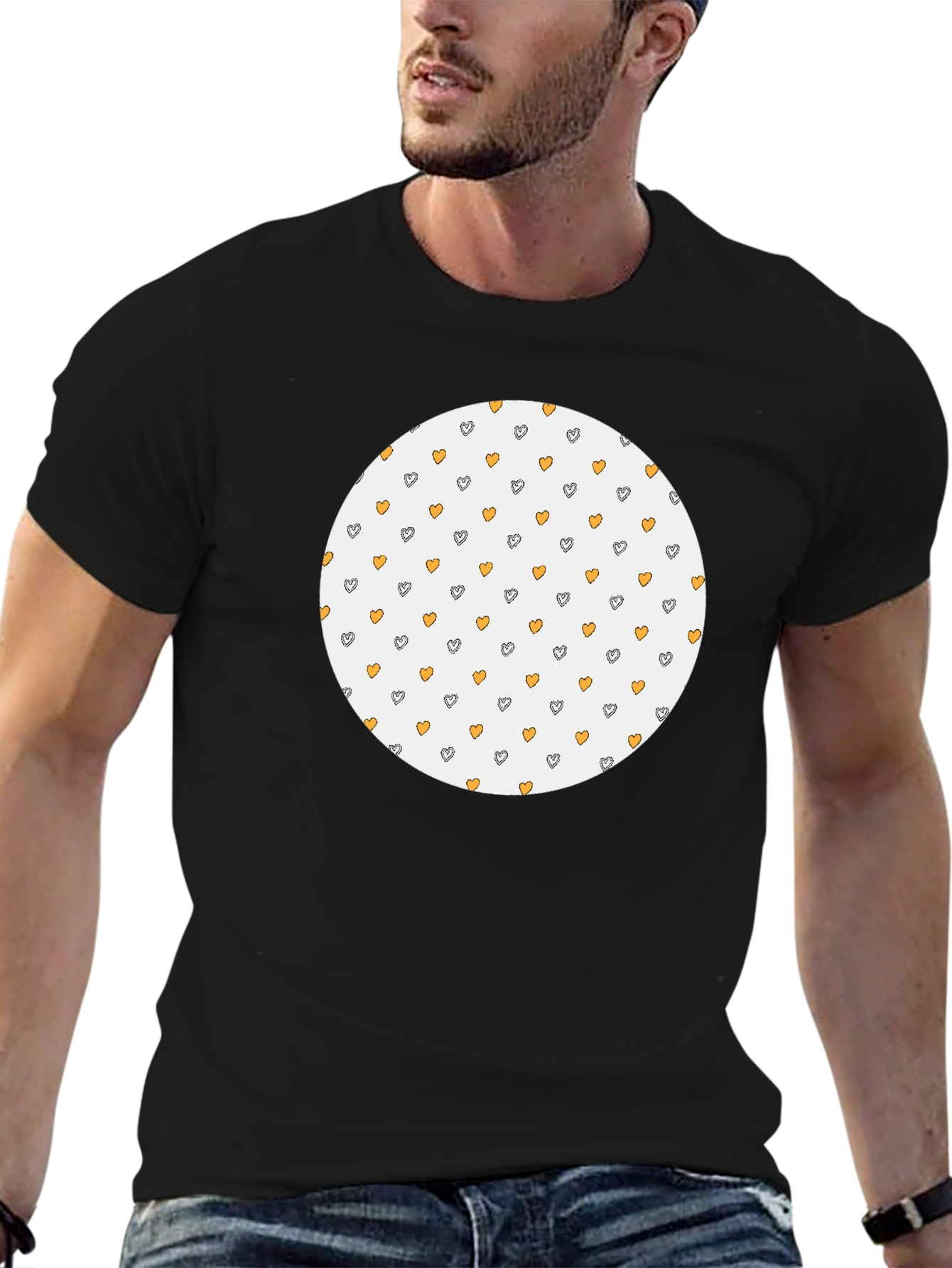 Black T-Shirt with Heart Pattern Circle