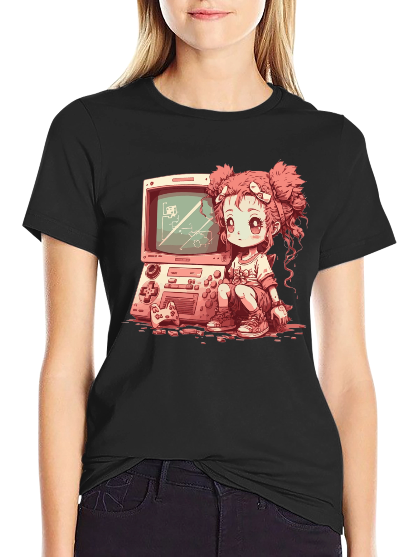Retro Gamer Girl Black T-Shirt