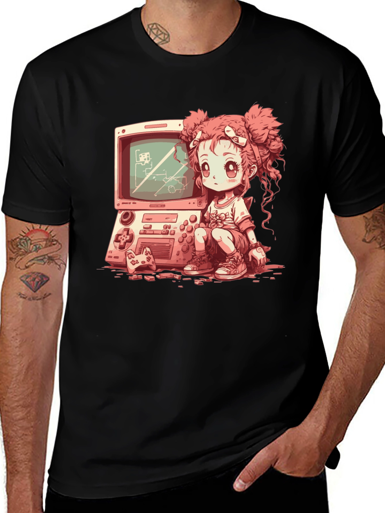 Retro Gamer Girl Black T-Shirt