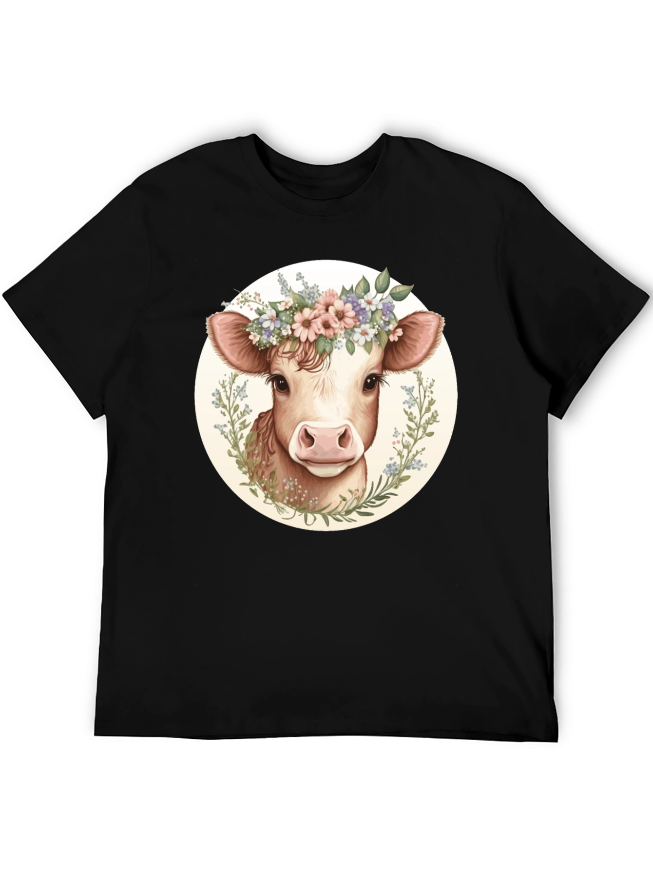 Cow with Flower Crown Graphic Tee - Black
