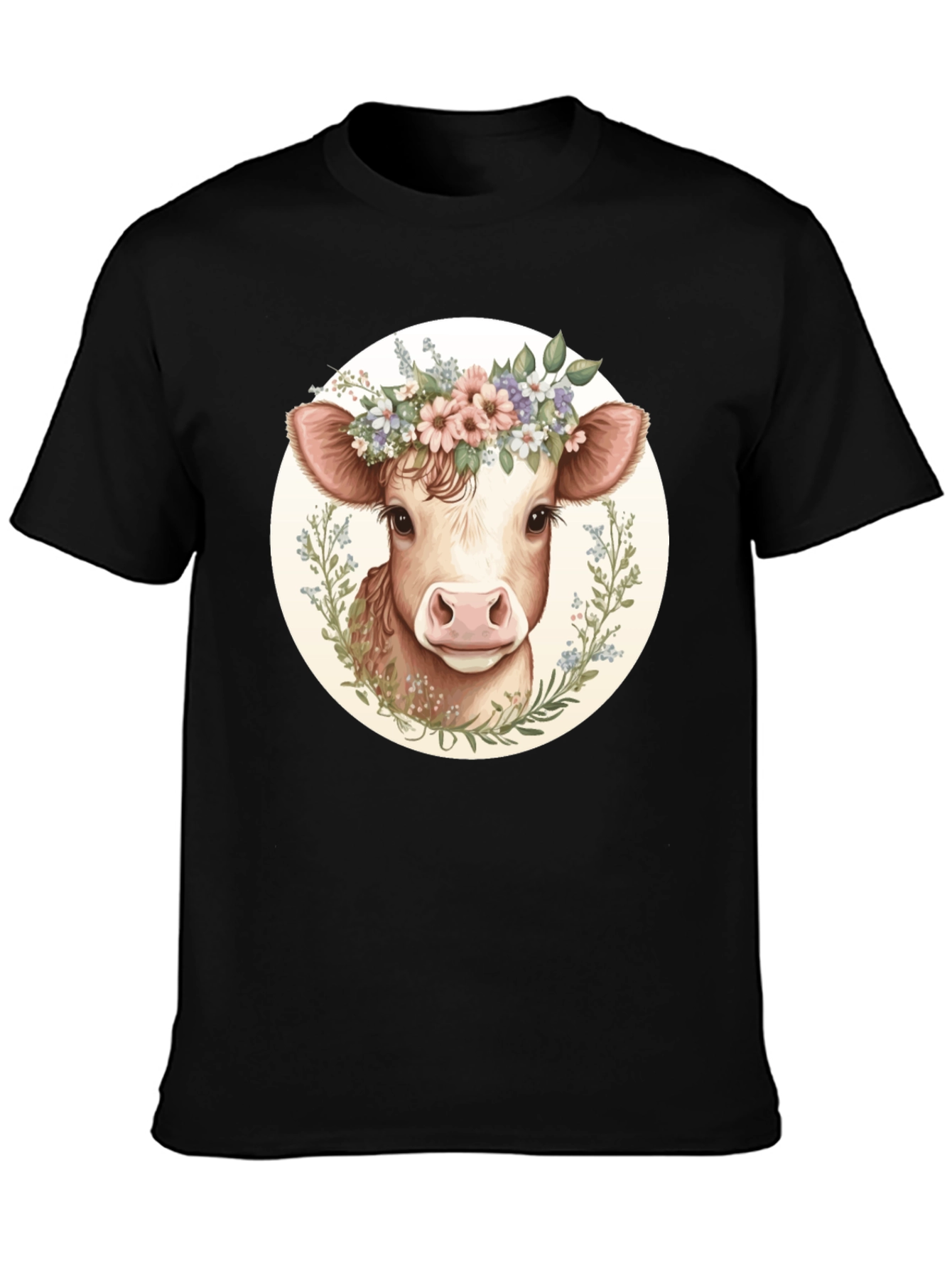 Cow with Flower Crown Graphic Tee - Black