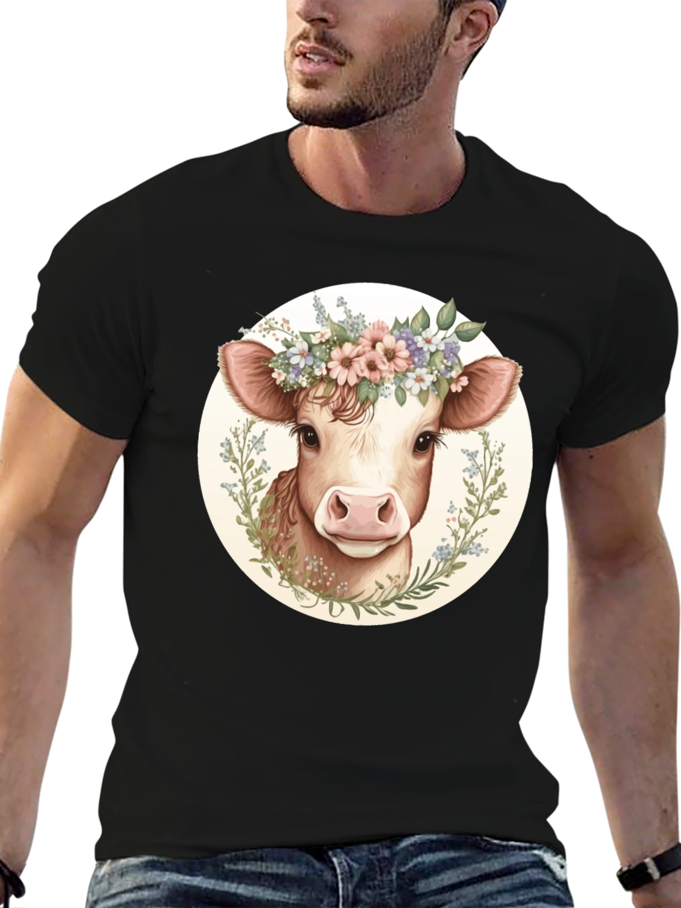 Cow with Flower Crown Graphic Tee - Black