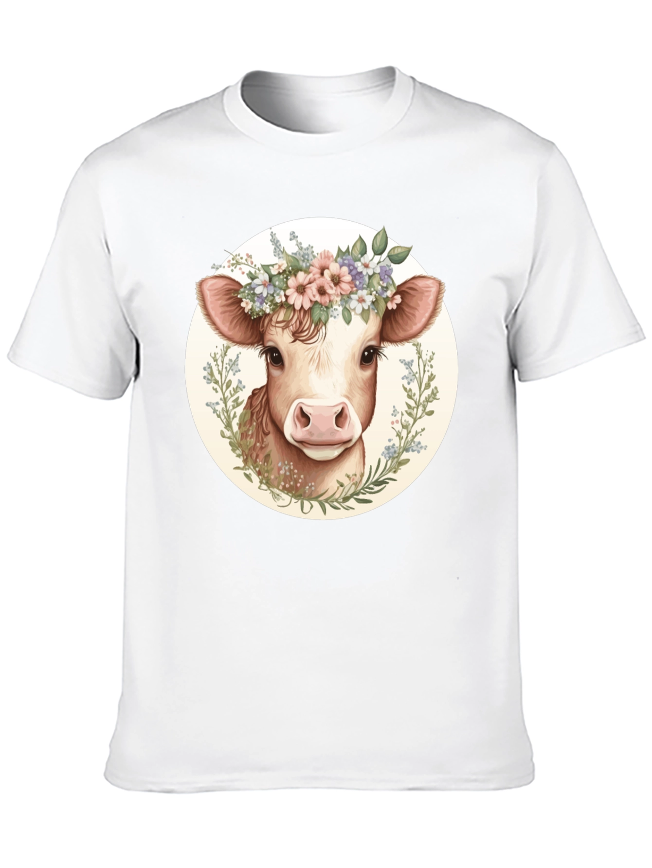 Cow with Flower Crown Graphic Tee - Black