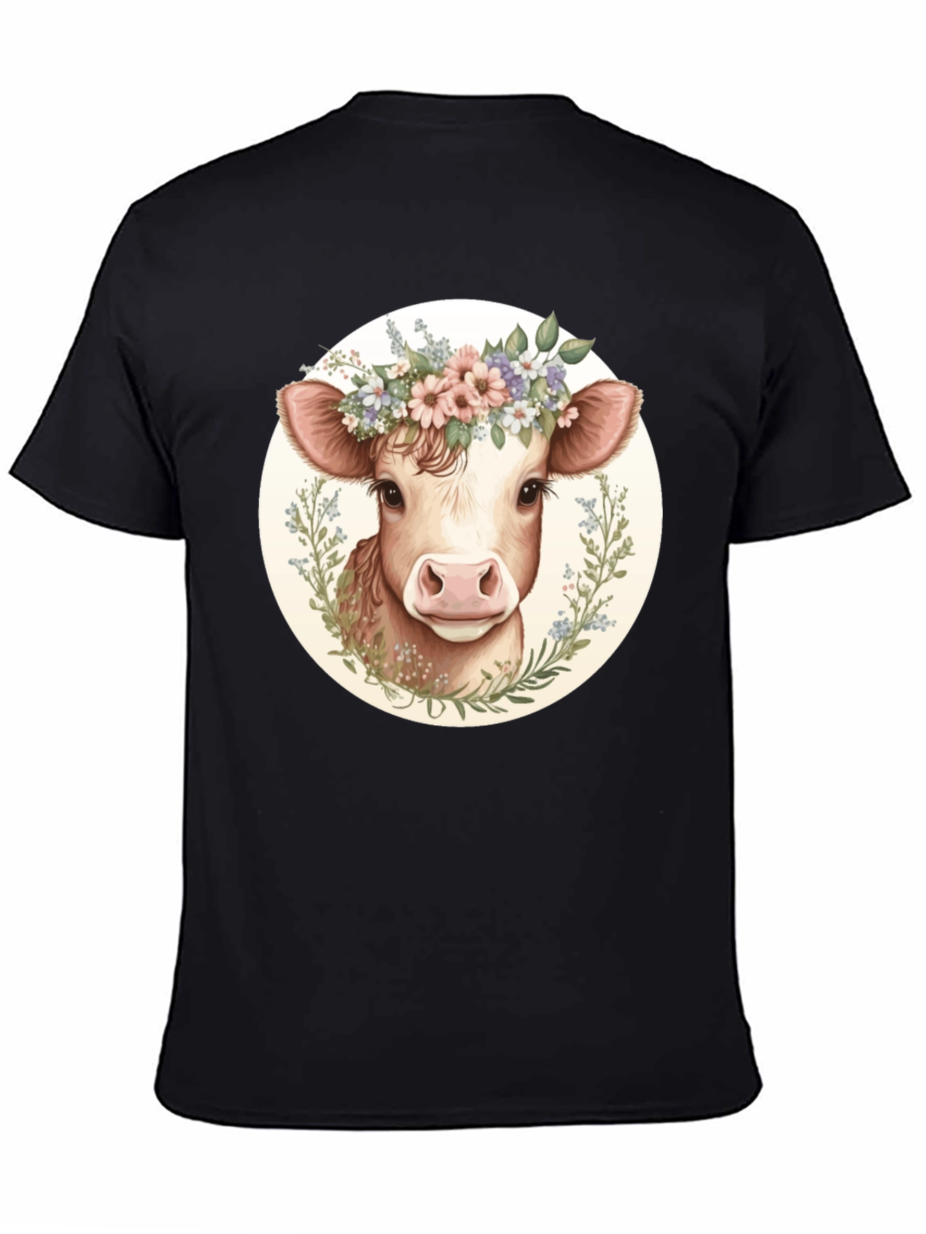 Cow with Flower Crown Graphic Tee - Black