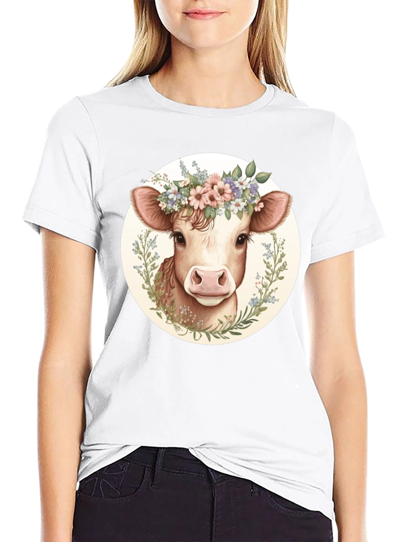 Cow with Flower Crown Graphic Tee - Black