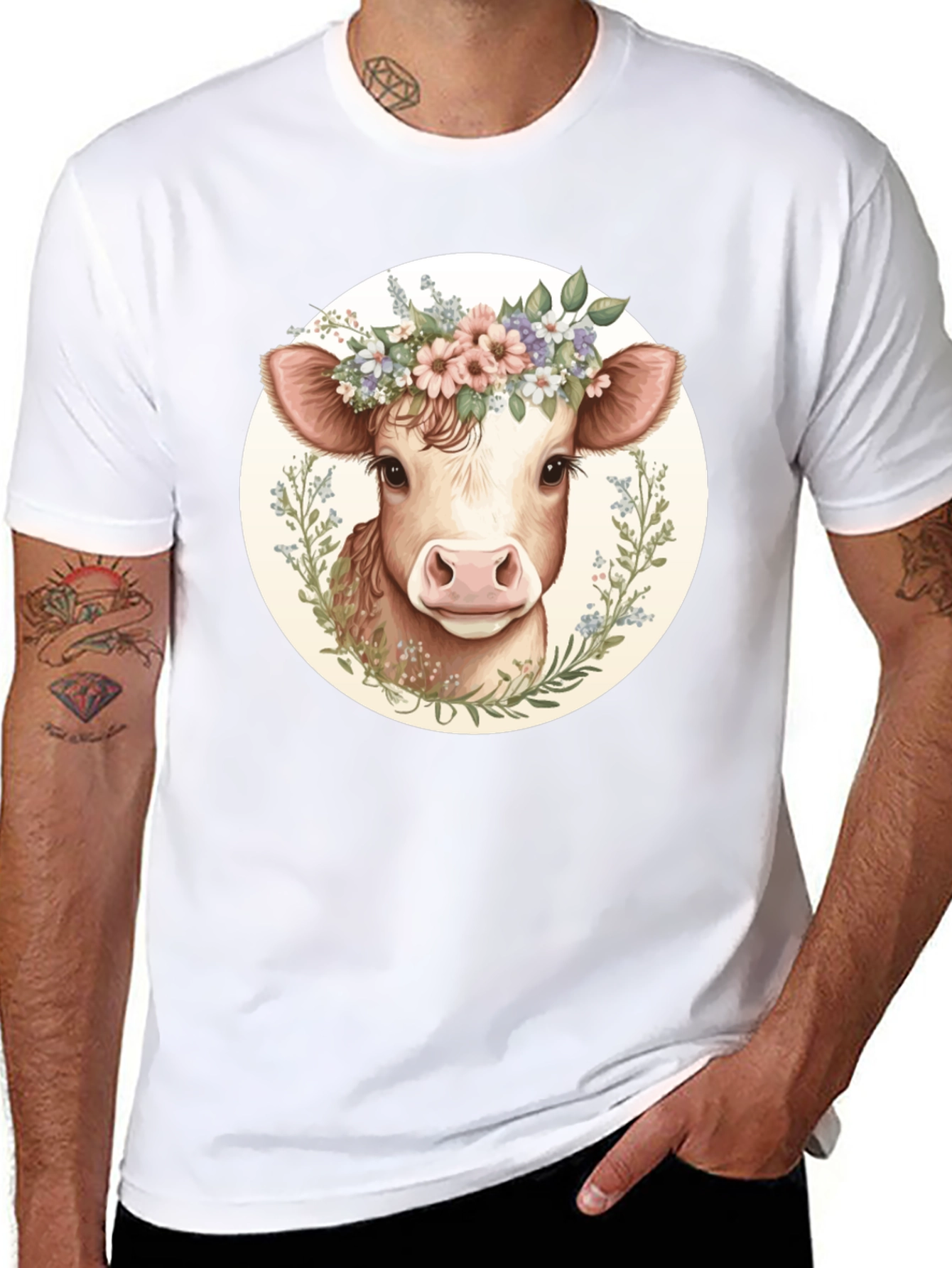 Cow with Flower Crown Graphic Tee - Black