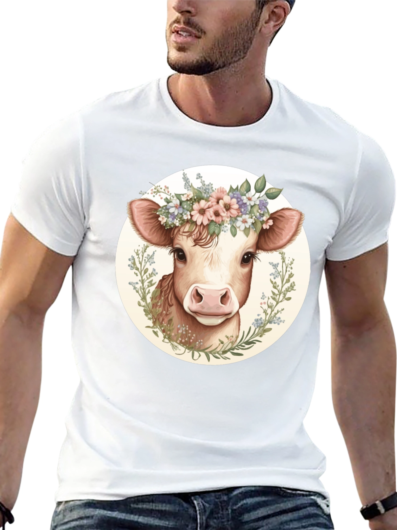 Cow with Flower Crown Graphic Tee - Black