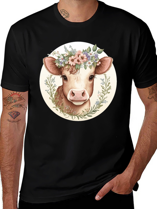 Cow with Flower Crown Graphic Tee - Black