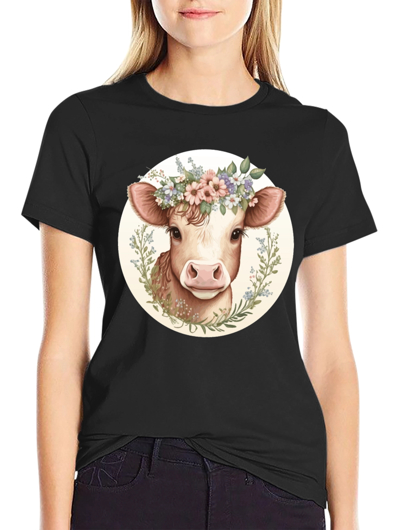 Cow with Flower Crown Graphic Tee - Black