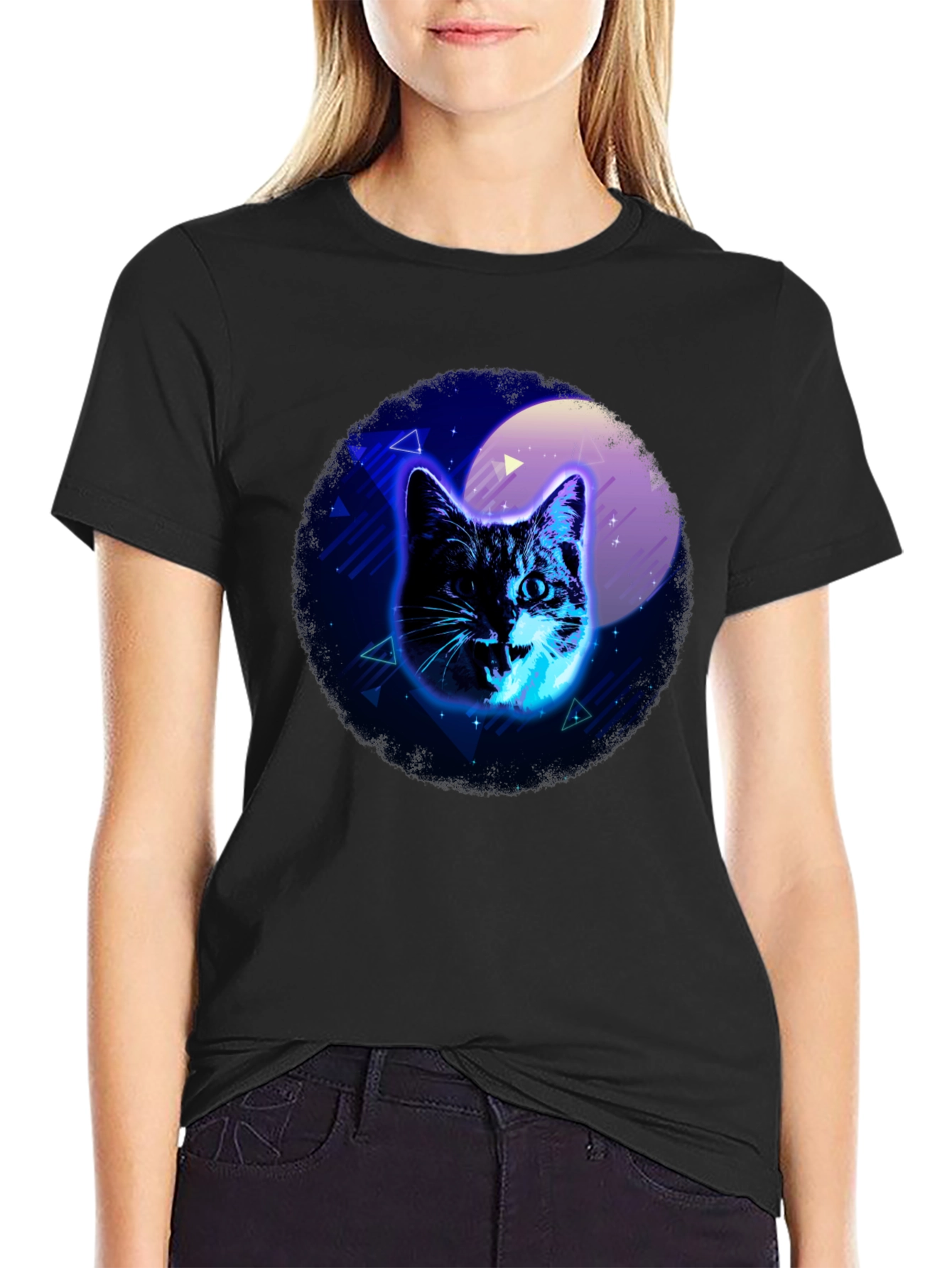 Neon Cat Graphic Black T-Shirt