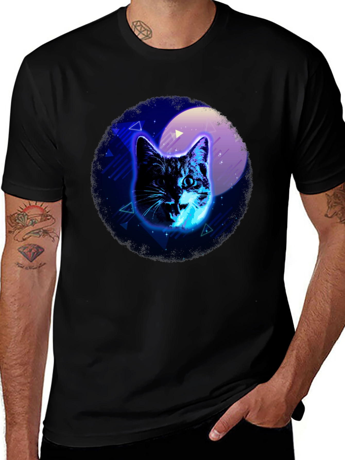 Neon Cat Graphic Black T-Shirt