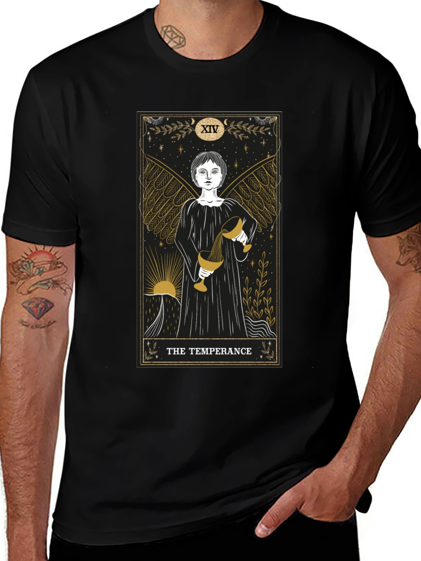 Temperance Tarot Card Graphic Black T-Shirt