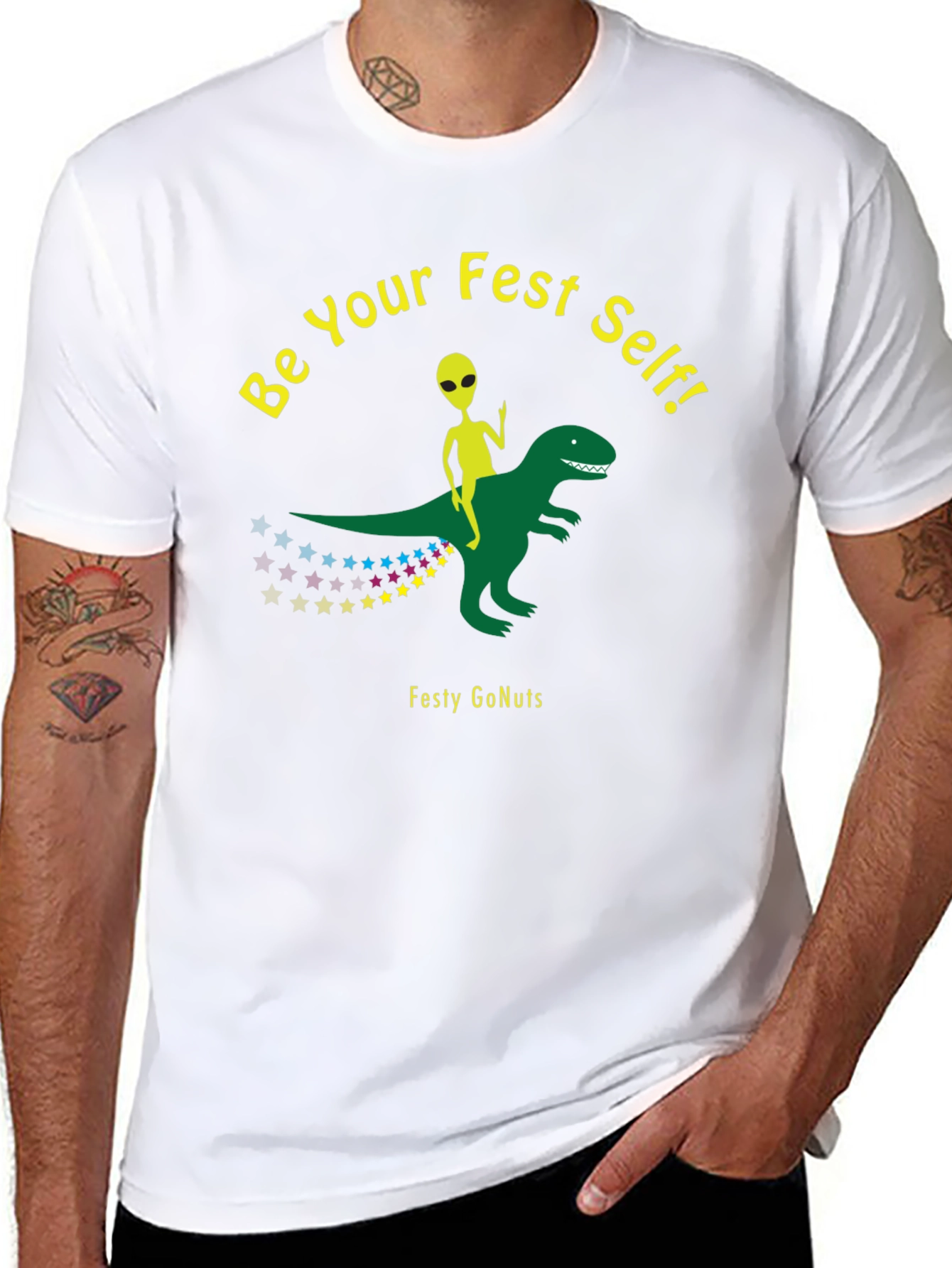 Festy GoNuts T-Shirt: Alien Riding Dinosaur