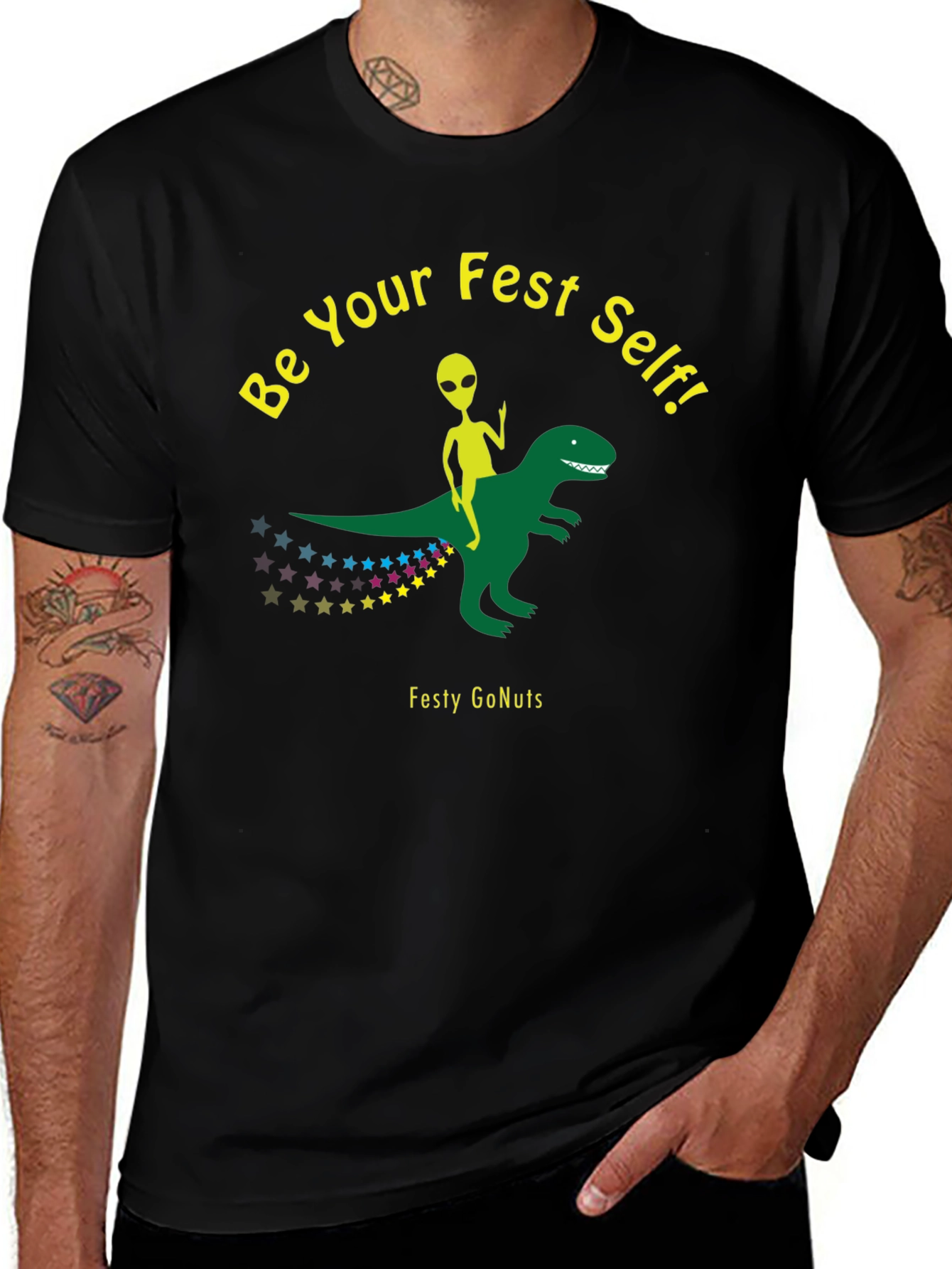 Festy GoNuts T-Shirt: Alien Riding Dinosaur