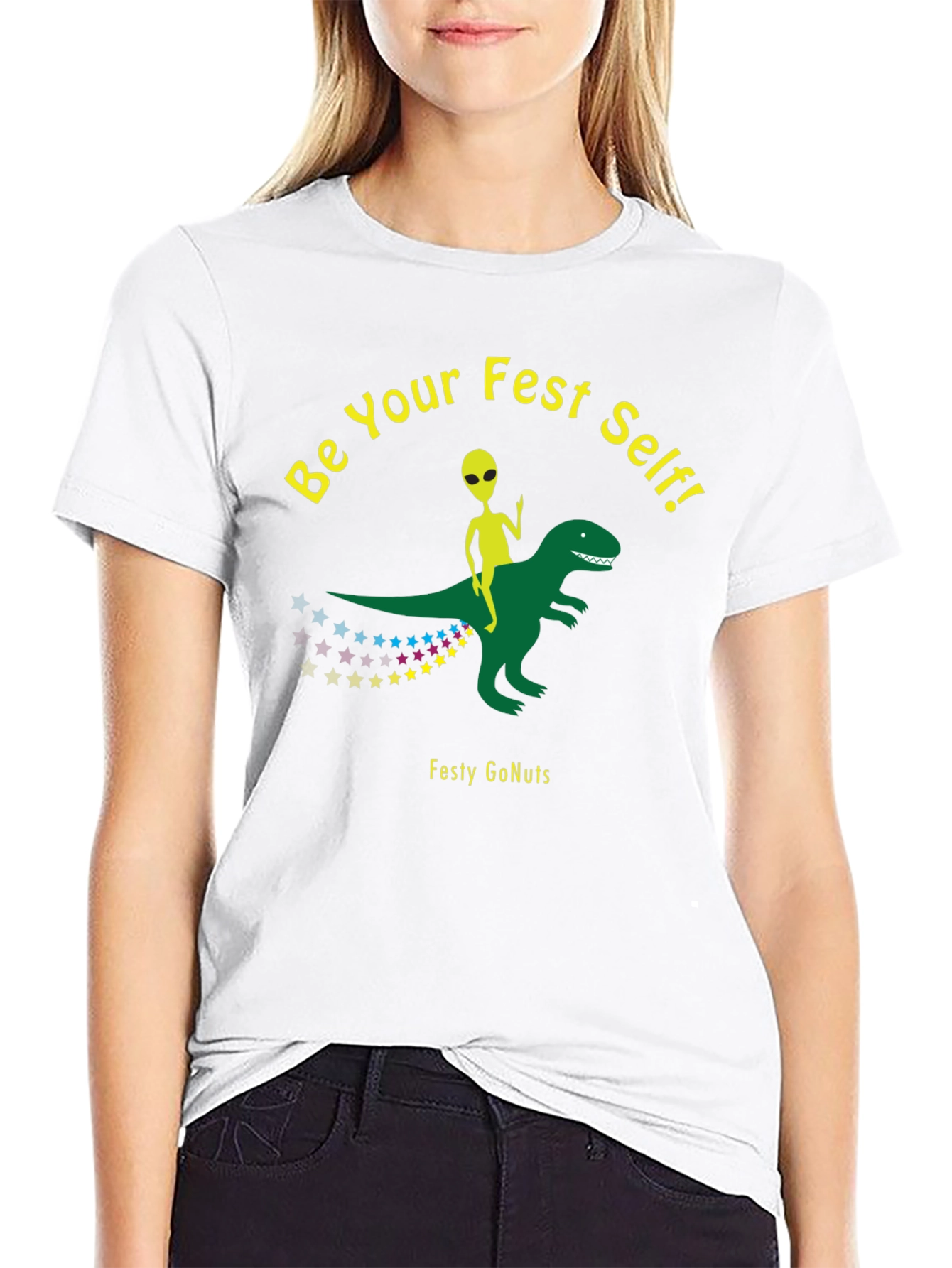 Festy GoNuts T-Shirt: Alien Riding Dinosaur