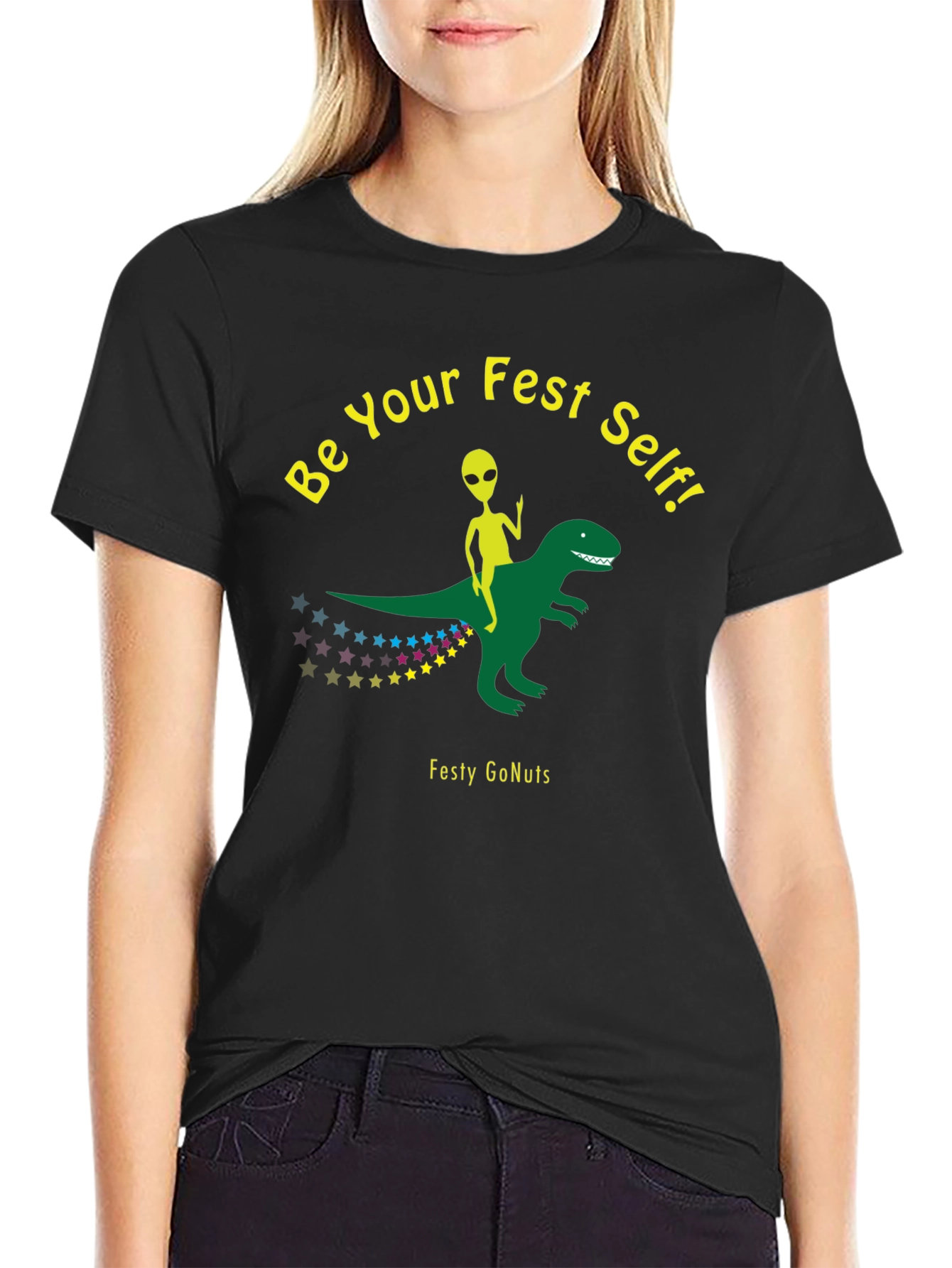 Festy GoNuts T-Shirt: Alien Riding Dinosaur