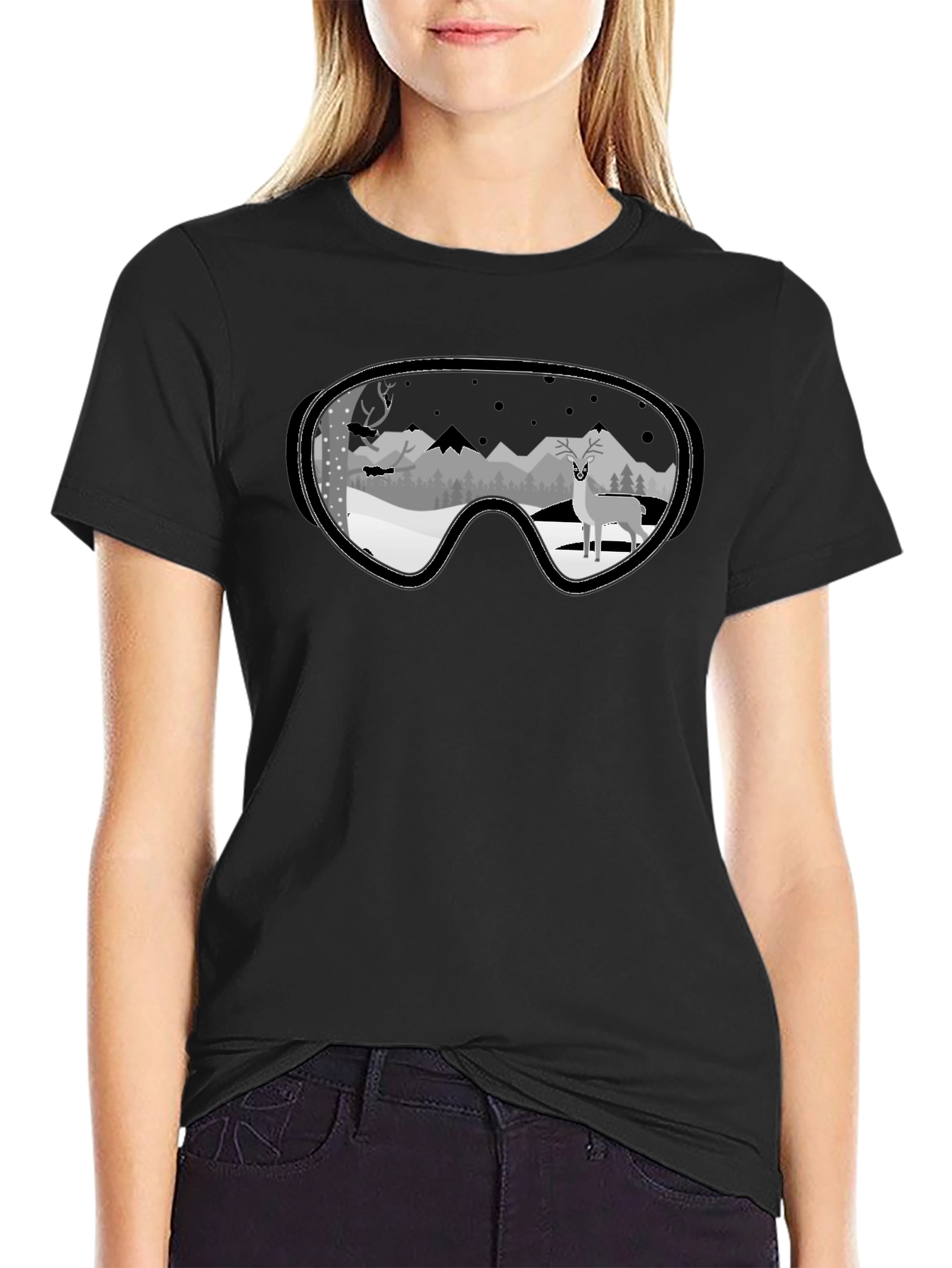 Winter Deer Goggle Graphic Tee - Black