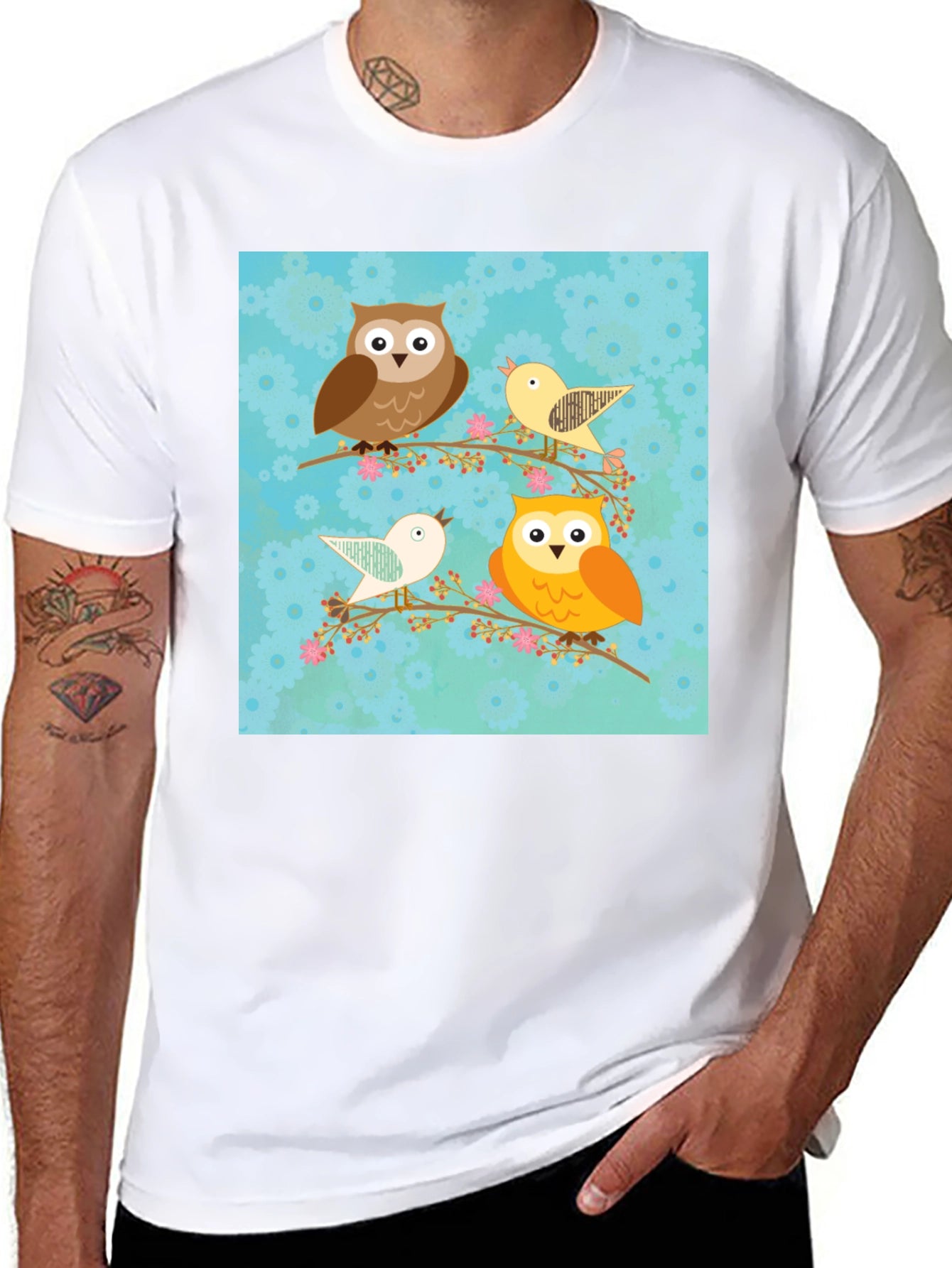 Cute Owl & Bird Graphic Print Black T-Shirt